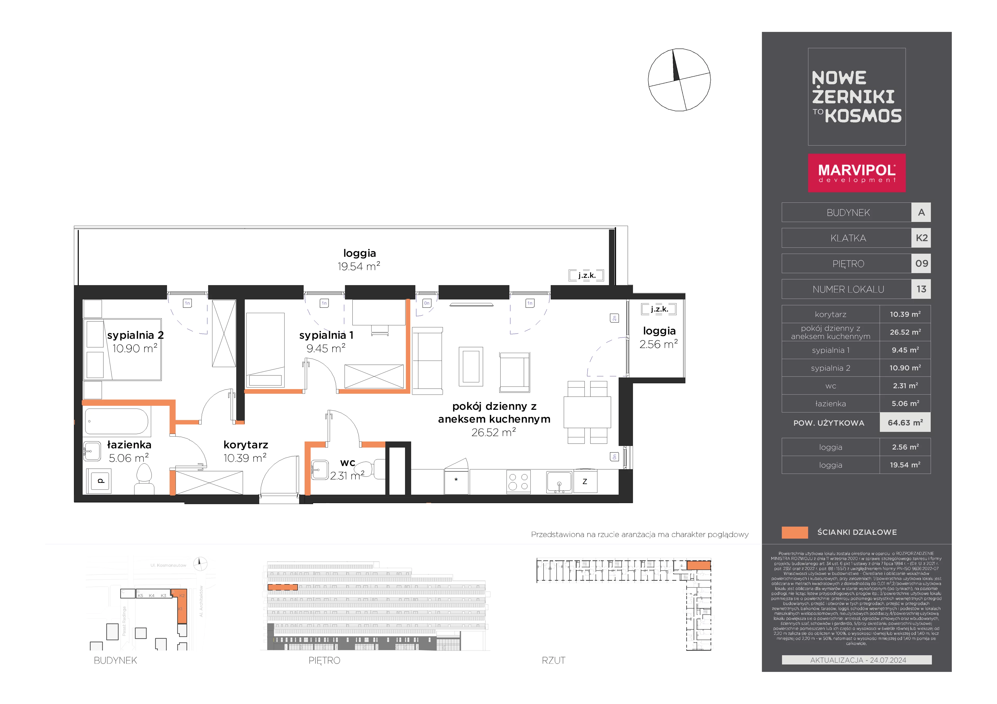 3 pokoje, mieszkanie 64,63 m², piętro 9, oferta nr A/A-09-13-K2, Nowe Żerniki, Wrocław, Żerniki, ul. Kosmonautów / al. Architektów