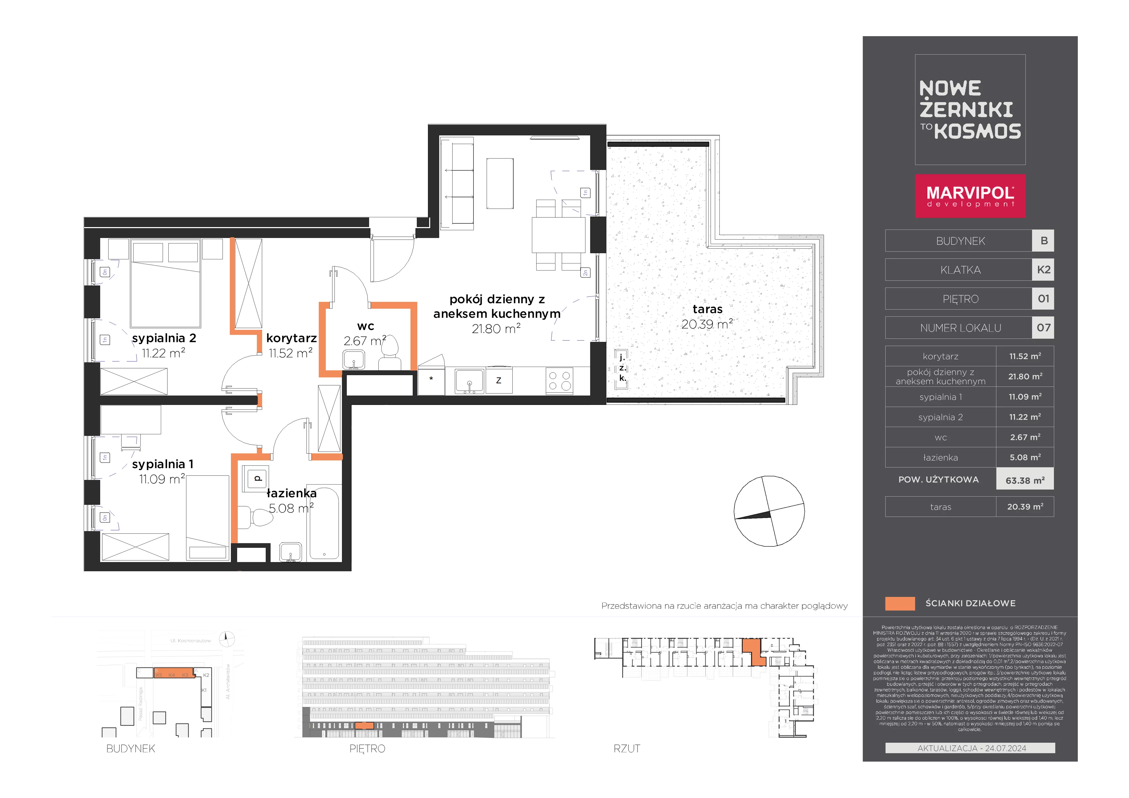 3 pokoje, mieszkanie 63,38 m², piętro 1, oferta nr B/AB-01-07-K2, Nowe Żerniki, Wrocław, Żerniki, ul. Kosmonautów / al. Architektów