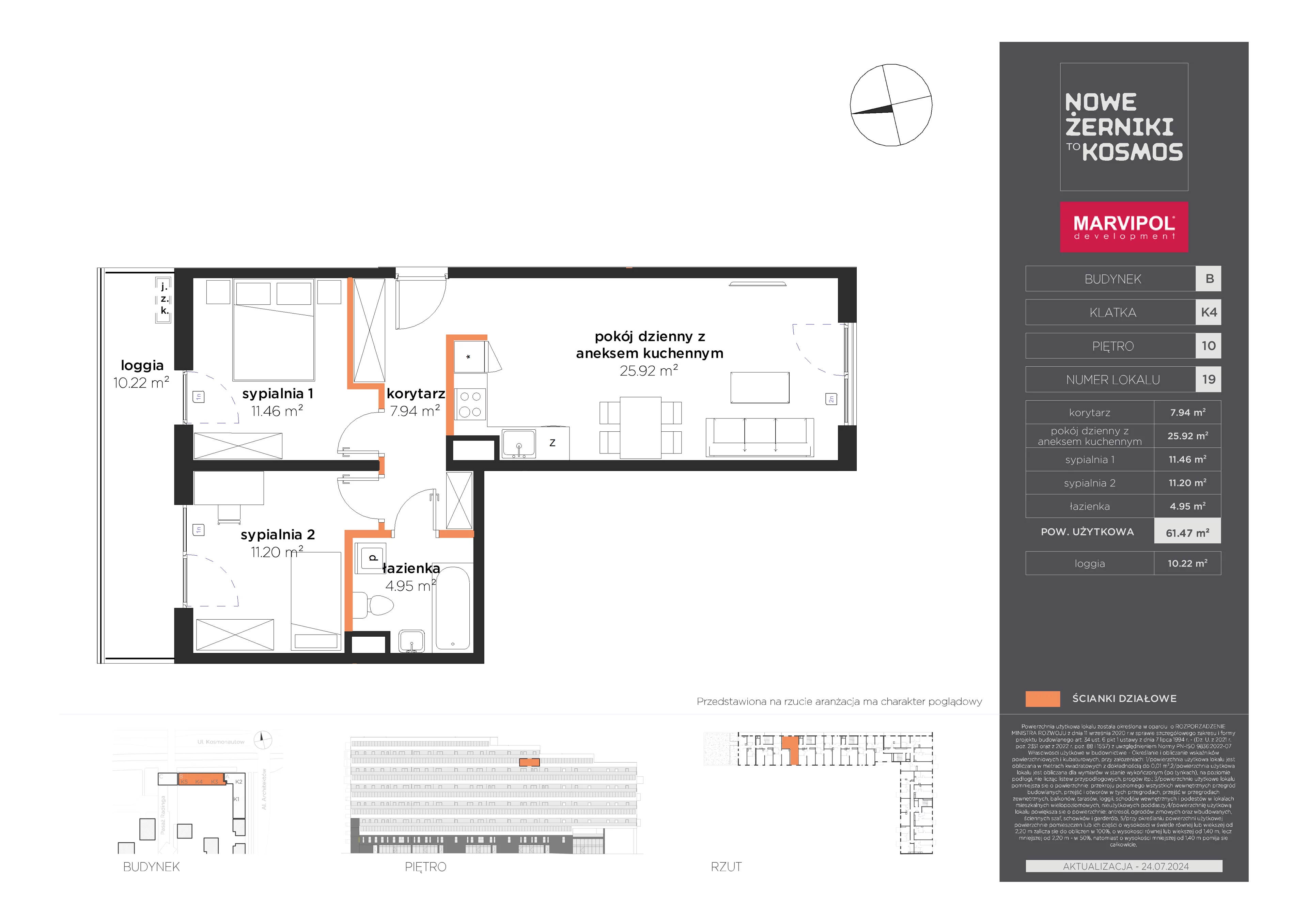 3 pokoje, mieszkanie 61,47 m², piętro 10, oferta nr B/B-10-19-K4, Nowe Żerniki, Wrocław, Żerniki, ul. Kosmonautów / al. Architektów