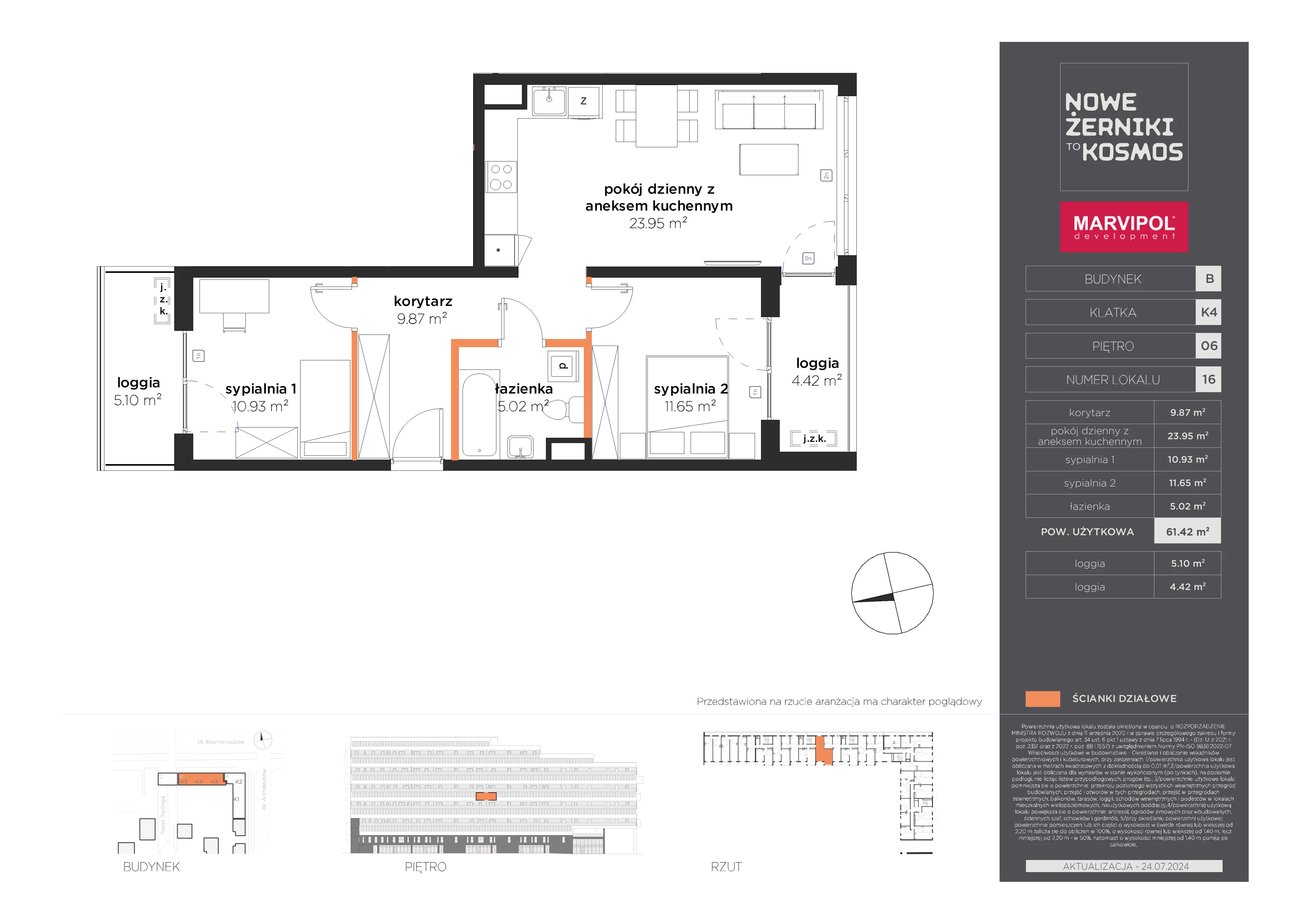 3 pokoje, mieszkanie 61,42 m², piętro 6, oferta nr B/B-06-16-K4, Nowe Żerniki, Wrocław, Żerniki, ul. Kosmonautów / al. Architektów