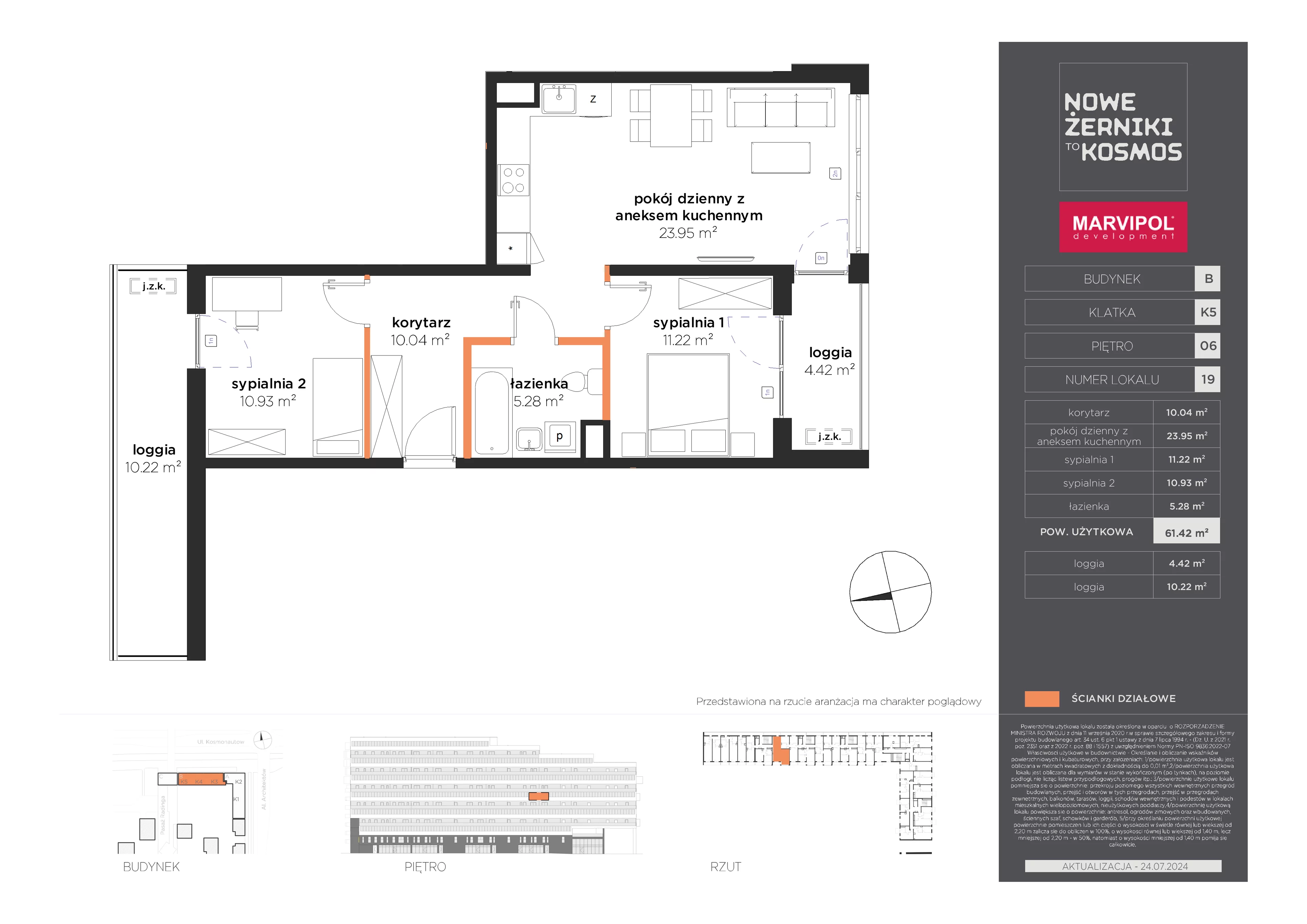 3 pokoje, mieszkanie 61,42 m², piętro 6, oferta nr B/B-06-19-K5, Nowe Żerniki, Wrocław, Żerniki, ul. Kosmonautów / al. Architektów