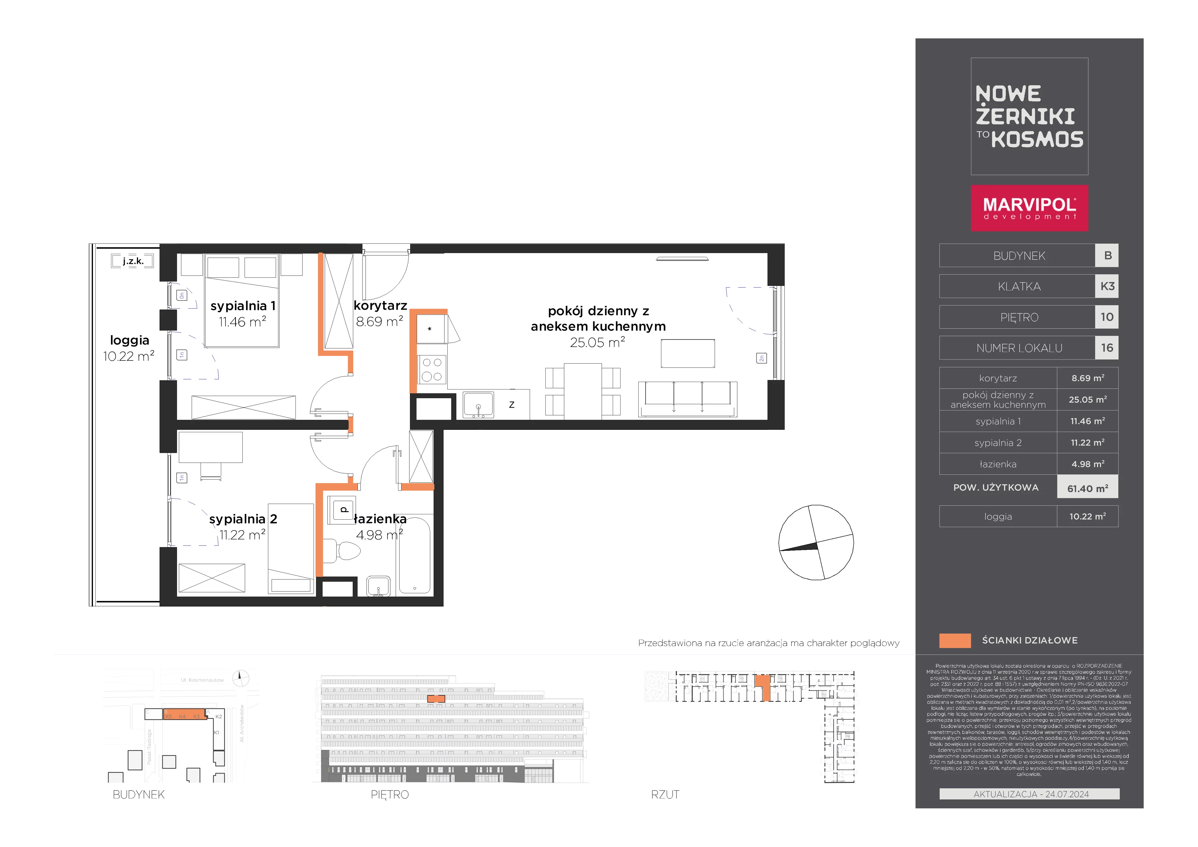 3 pokoje, mieszkanie 61,40 m², piętro 10, oferta nr B/B-10-16-K3, Nowe Żerniki, Wrocław, Żerniki, ul. Kosmonautów / al. Architektów