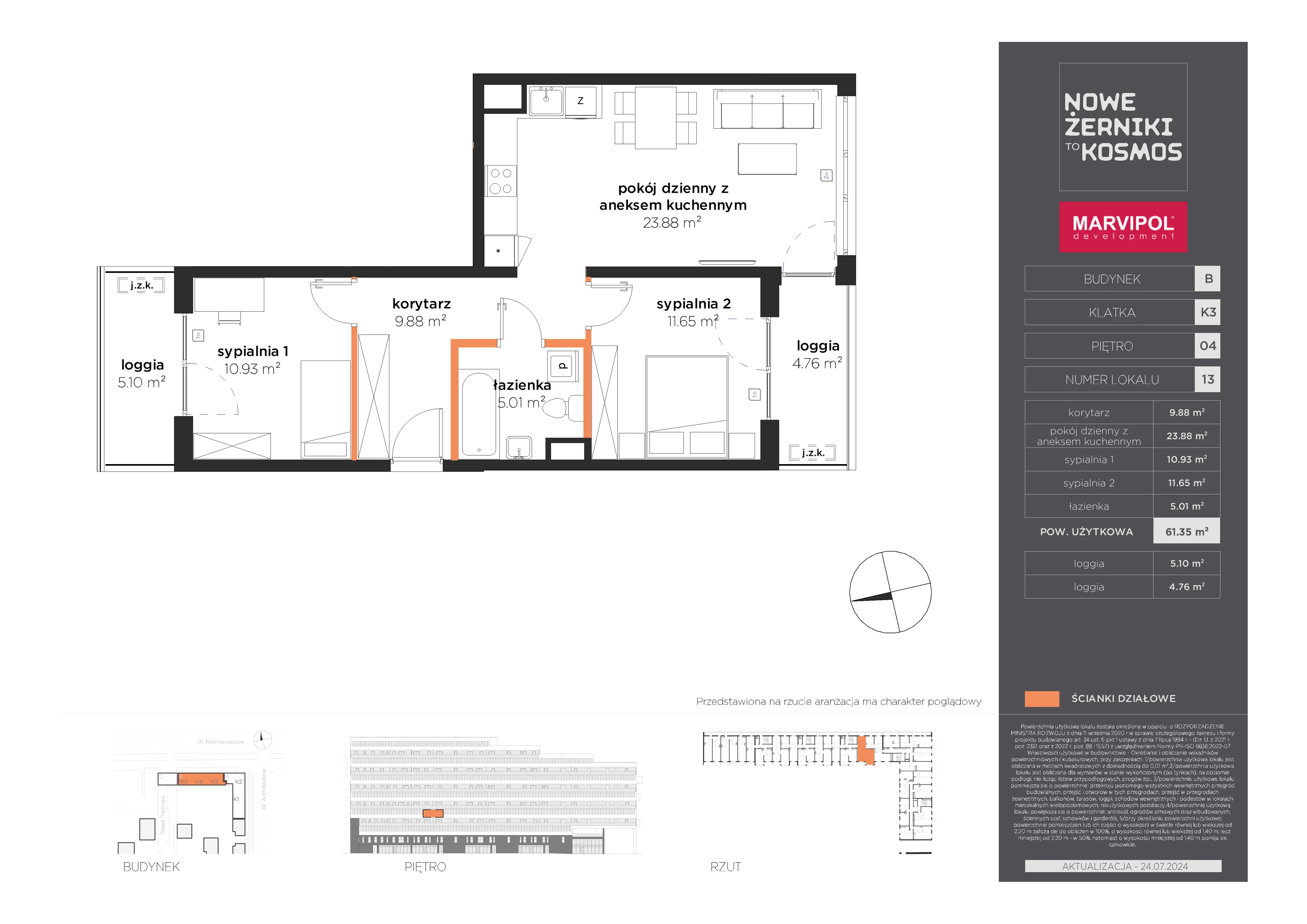 3 pokoje, mieszkanie 61,35 m², piętro 4, oferta nr B/B-04-13-K3, Nowe Żerniki, Wrocław, Żerniki, ul. Kosmonautów / al. Architektów