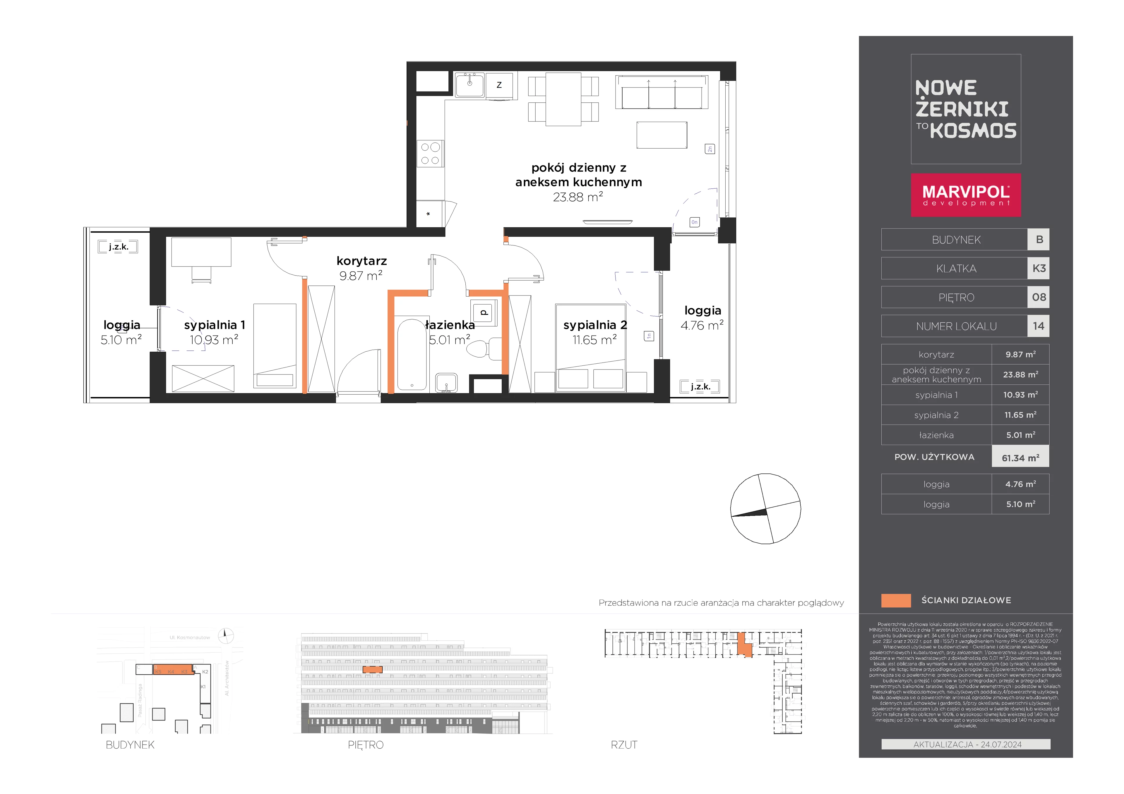 3 pokoje, mieszkanie 61,34 m², piętro 8, oferta nr B/B-08-14-K3, Nowe Żerniki, Wrocław, Żerniki, ul. Kosmonautów / al. Architektów