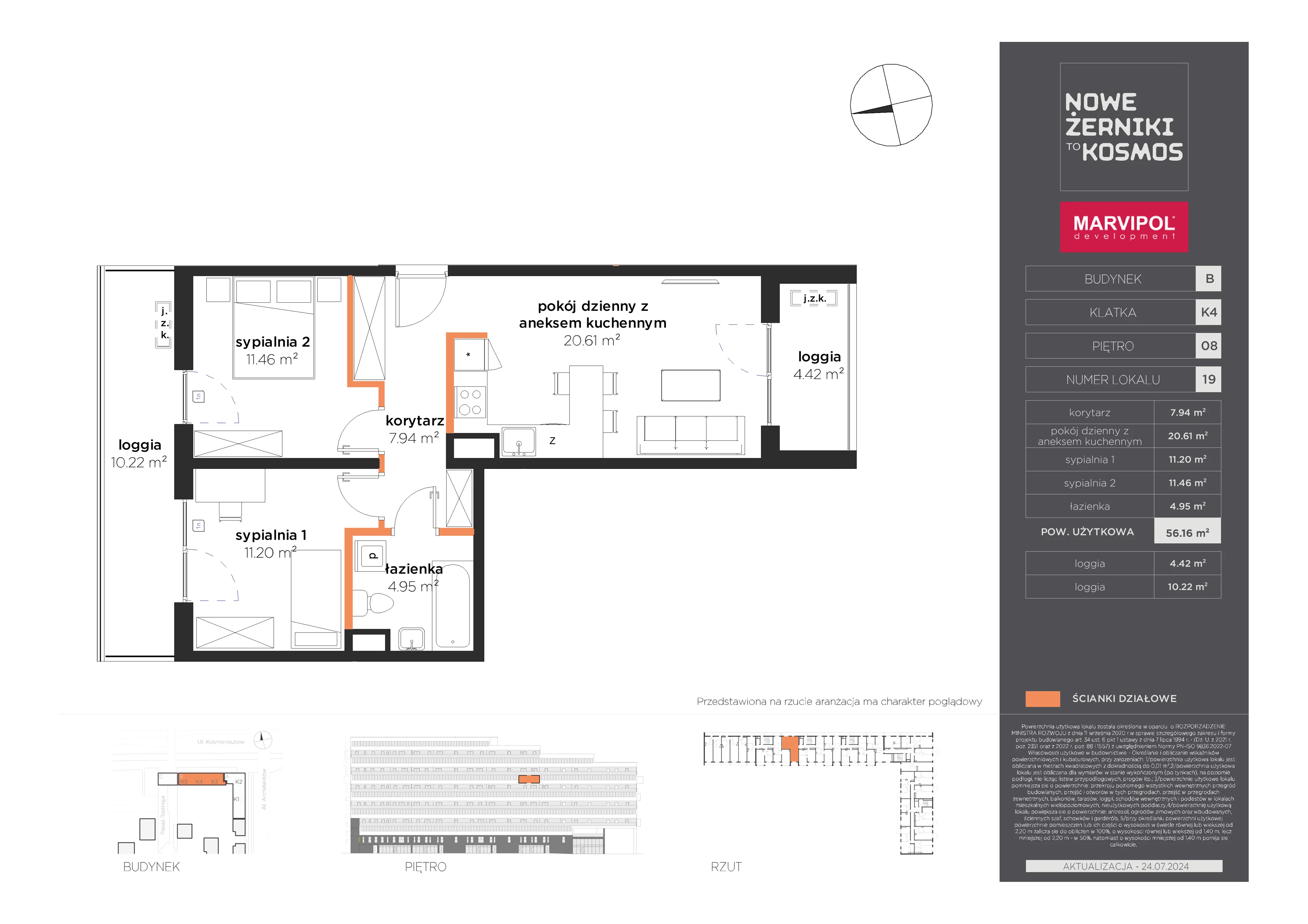 3 pokoje, mieszkanie 56,16 m², piętro 8, oferta nr B/B-08-19-K4, Nowe Żerniki, Wrocław, Żerniki, ul. Kosmonautów / al. Architektów