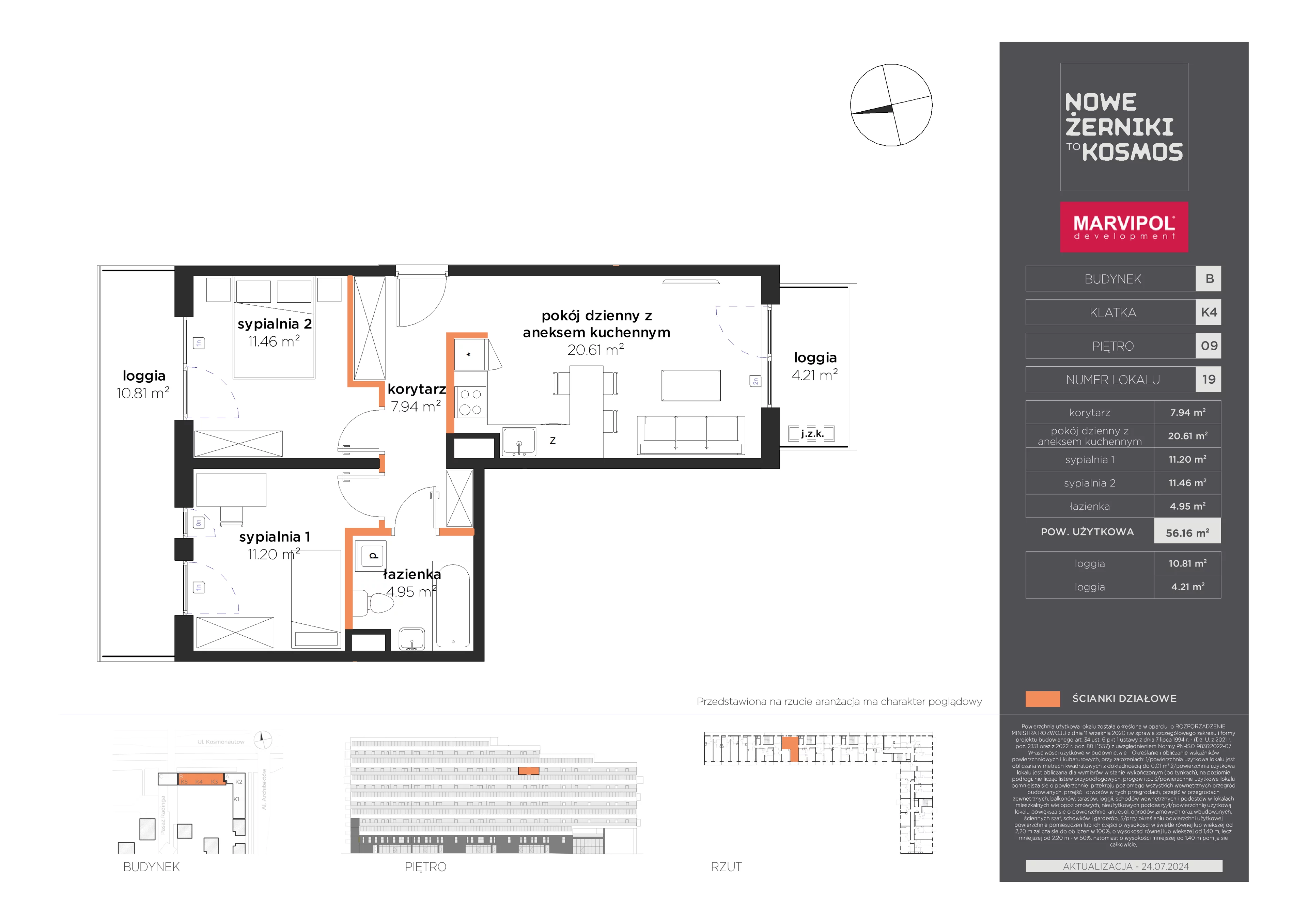 3 pokoje, mieszkanie 56,16 m², piętro 9, oferta nr B/B-09-19-K4, Nowe Żerniki, Wrocław, Żerniki, ul. Kosmonautów / al. Architektów