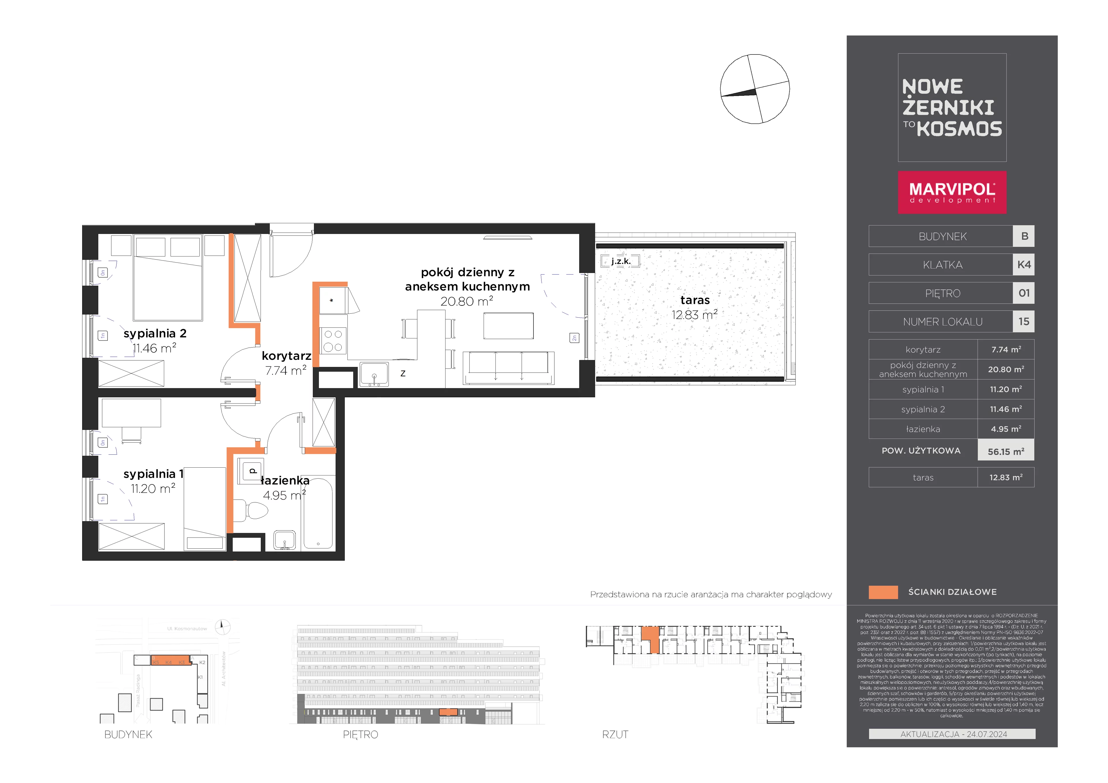3 pokoje, mieszkanie 56,15 m², piętro 1, oferta nr B/B-01-15-K4, Nowe Żerniki, Wrocław, Żerniki, ul. Kosmonautów / al. Architektów