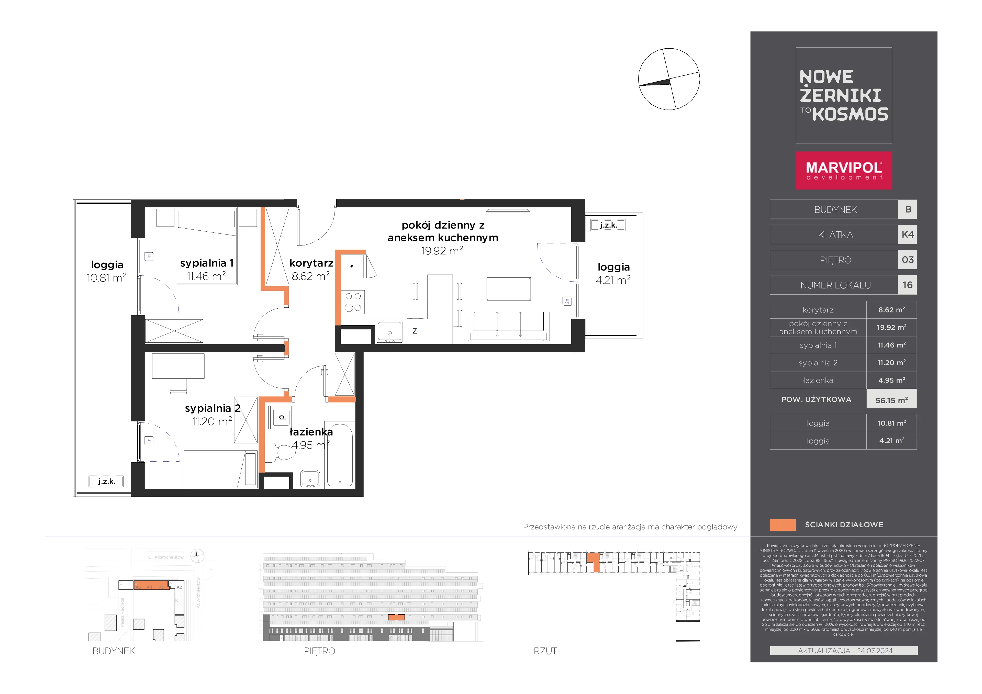 3 pokoje, mieszkanie 56,15 m², piętro 3, oferta nr B/B-03-16-K4, Nowe Żerniki, Wrocław, Żerniki, ul. Kosmonautów / al. Architektów