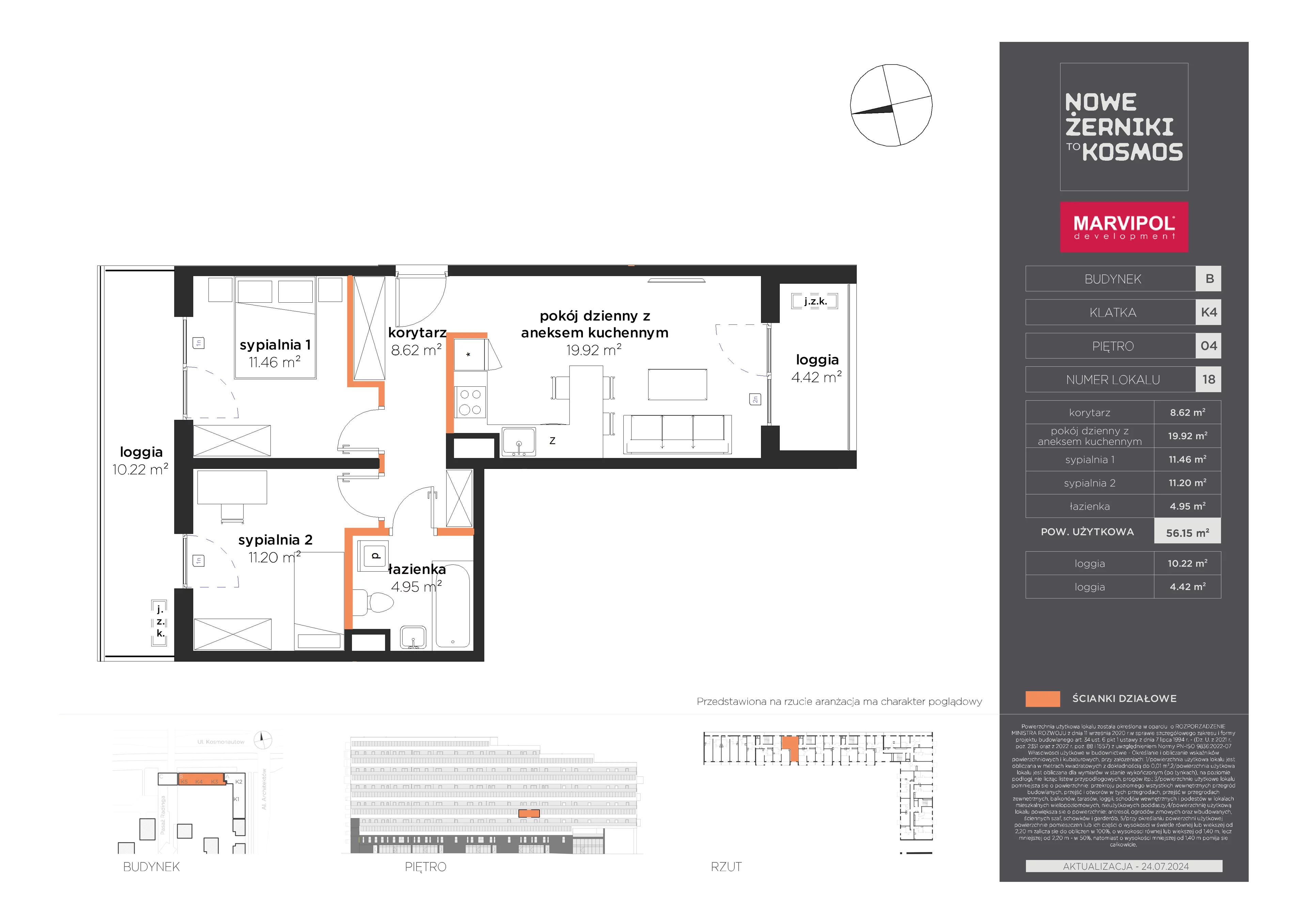 3 pokoje, mieszkanie 56,15 m², piętro 4, oferta nr B/B-04-18-K4, Nowe Żerniki, Wrocław, Żerniki, ul. Kosmonautów / al. Architektów