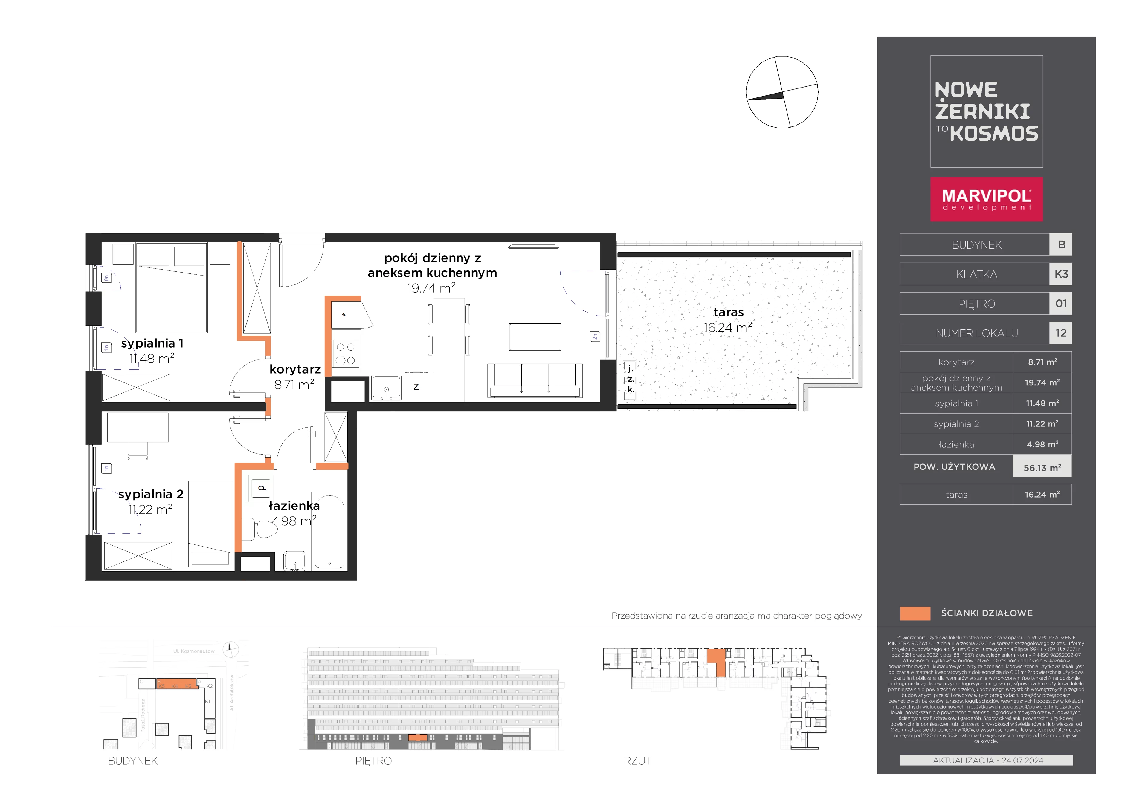 3 pokoje, mieszkanie 56,13 m², piętro 1, oferta nr B/B-01-12-K3, Nowe Żerniki, Wrocław, Żerniki, ul. Kosmonautów / al. Architektów