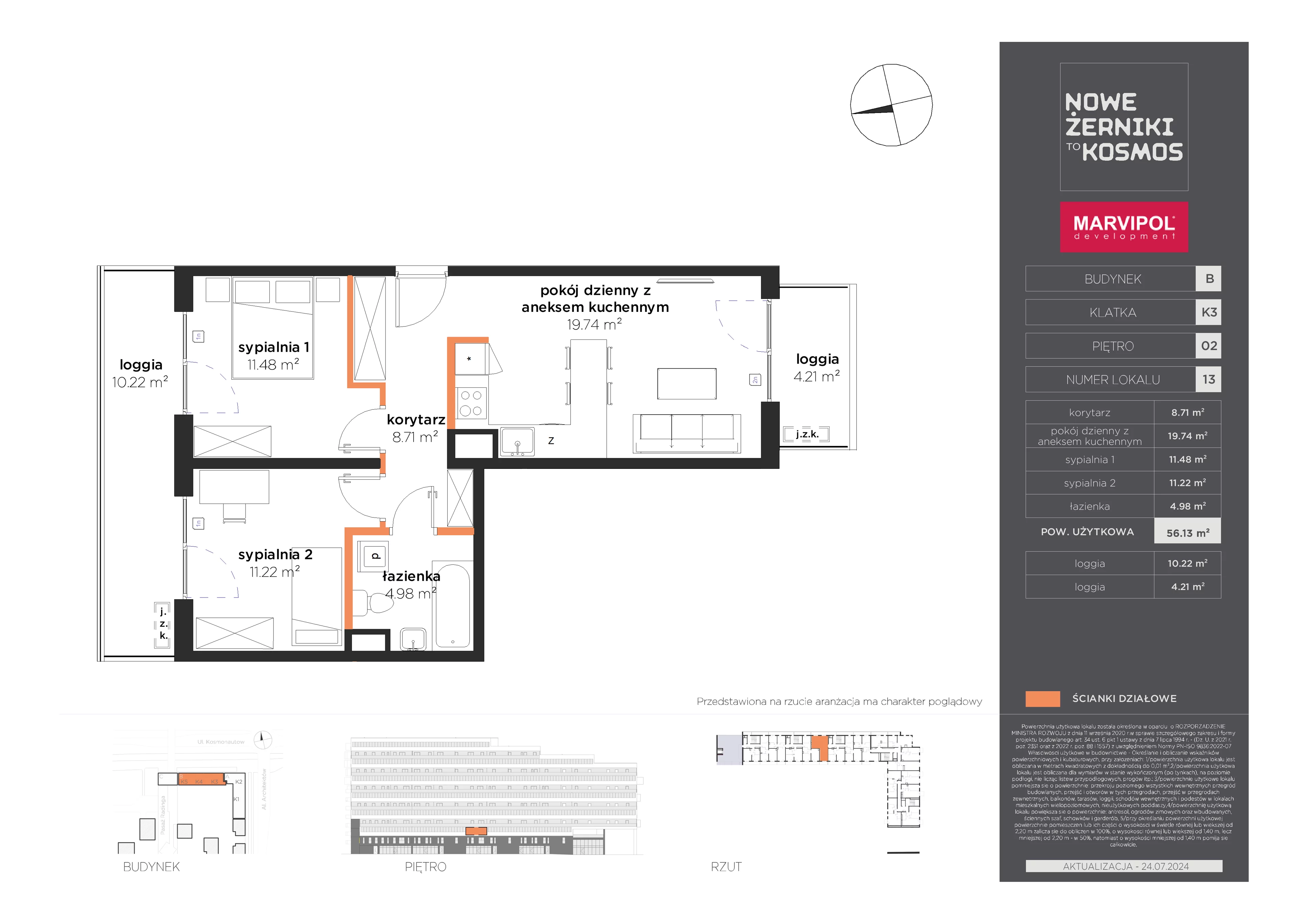 3 pokoje, mieszkanie 56,13 m², piętro 2, oferta nr B/B-02-13-K3, Nowe Żerniki, Wrocław, Żerniki, ul. Kosmonautów / al. Architektów