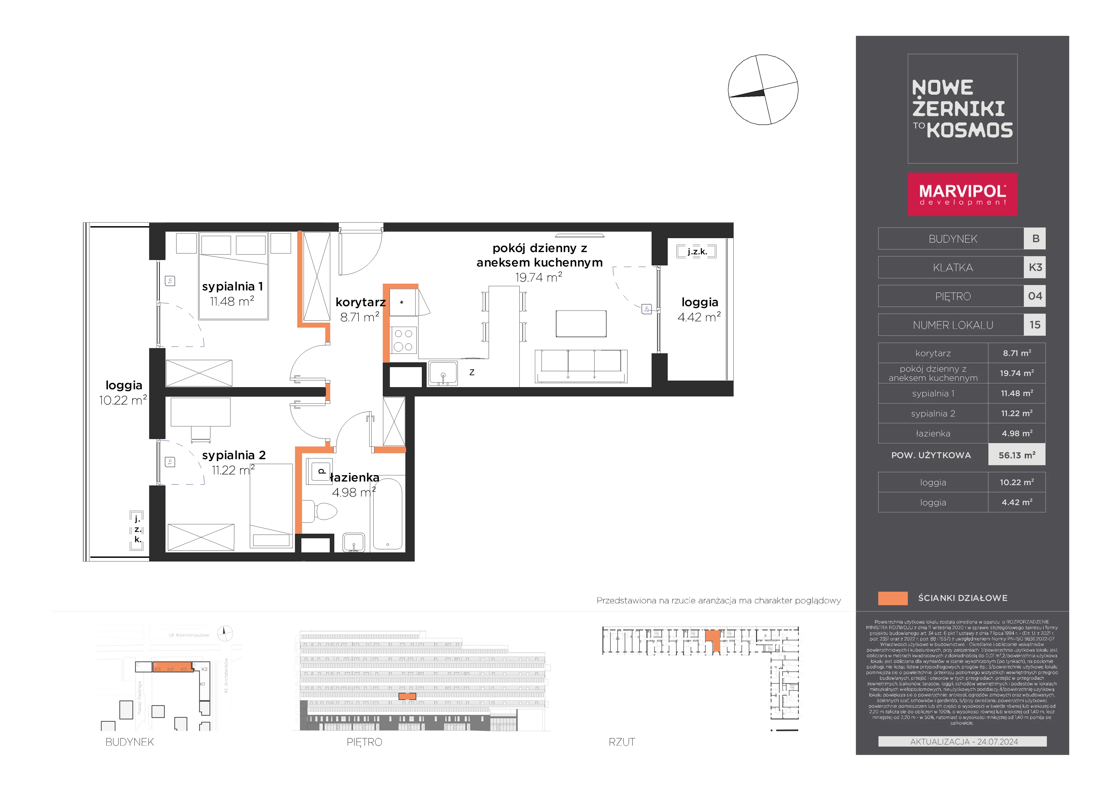 3 pokoje, mieszkanie 56,13 m², piętro 4, oferta nr B/B-04-15-K3, Nowe Żerniki, Wrocław, Żerniki, ul. Kosmonautów / al. Architektów