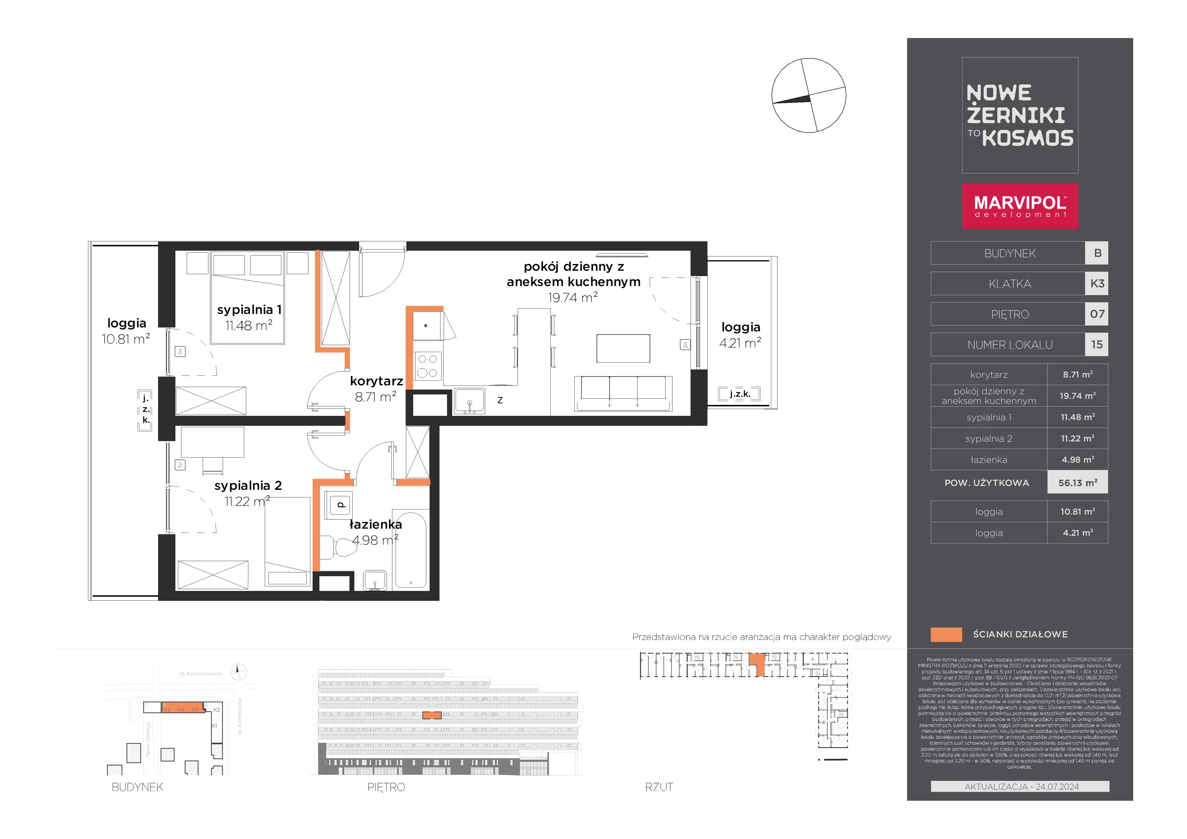3 pokoje, mieszkanie 56,13 m², piętro 7, oferta nr B/B-07-15-K3, Nowe Żerniki, Wrocław, Żerniki, ul. Kosmonautów / al. Architektów