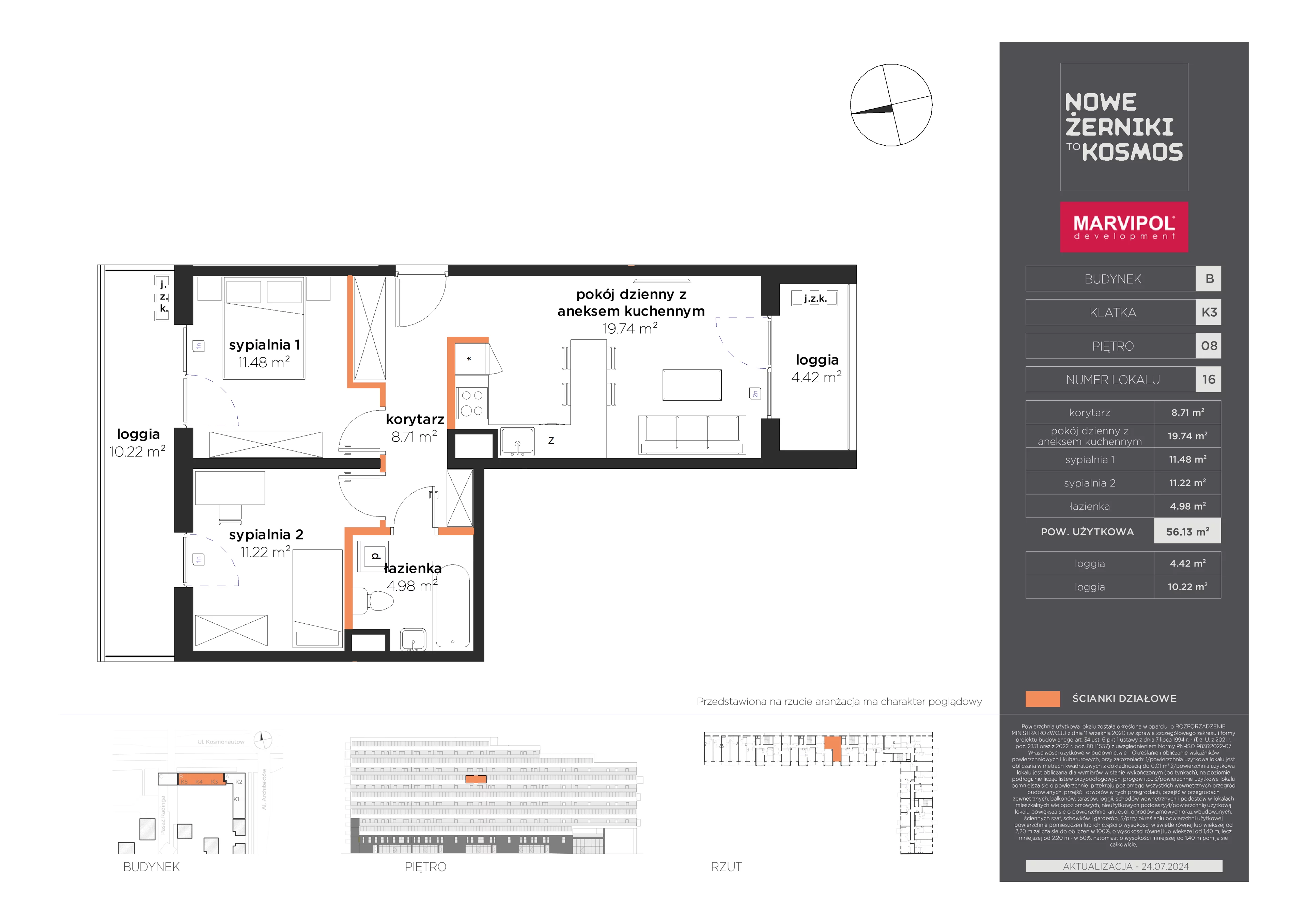 3 pokoje, mieszkanie 56,13 m², piętro 8, oferta nr B/B-08-16-K3, Nowe Żerniki, Wrocław, Żerniki, ul. Kosmonautów / al. Architektów