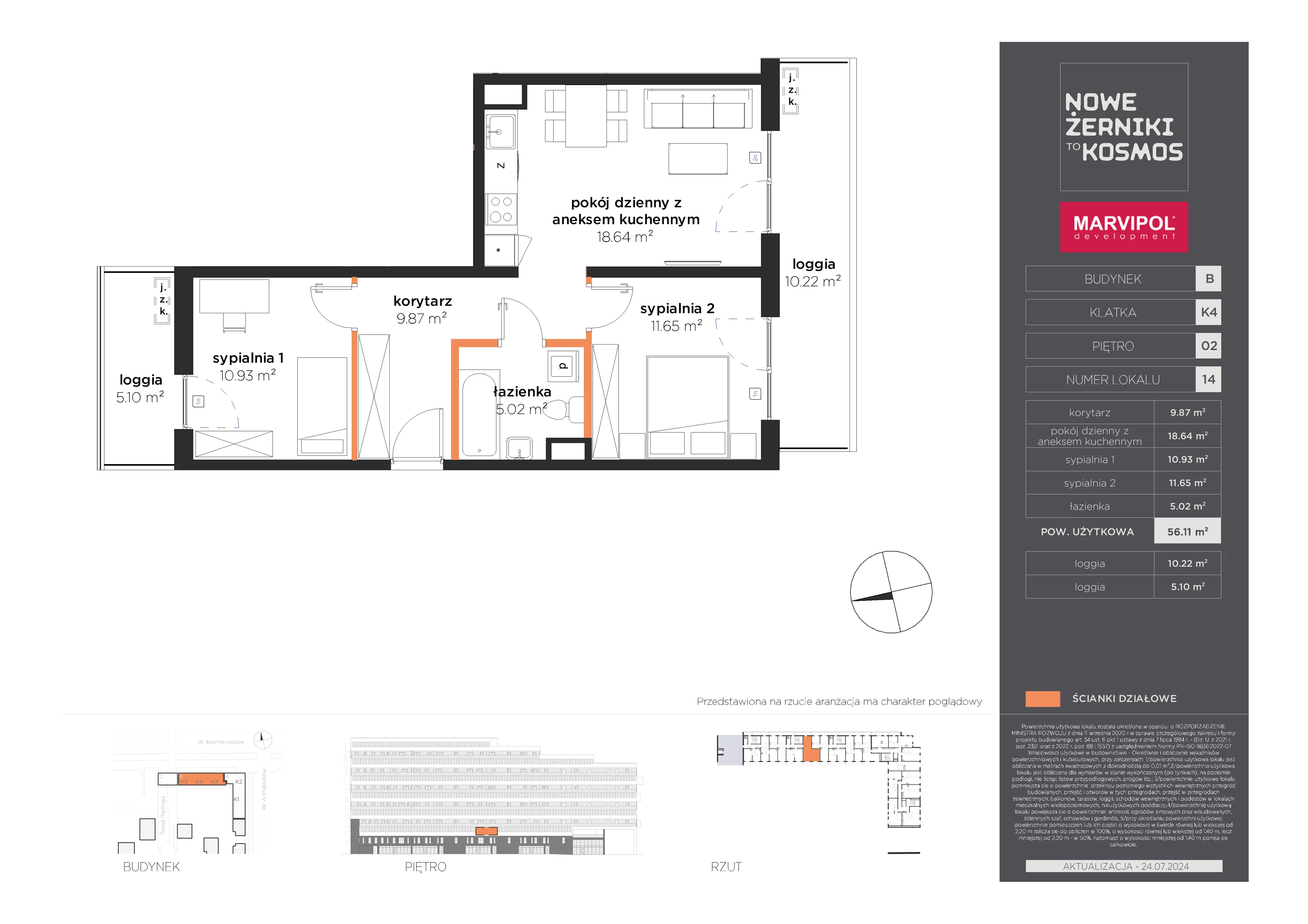 3 pokoje, mieszkanie 56,11 m², piętro 2, oferta nr B/B-02-14-K4, Nowe Żerniki, Wrocław, Żerniki, ul. Kosmonautów / al. Architektów