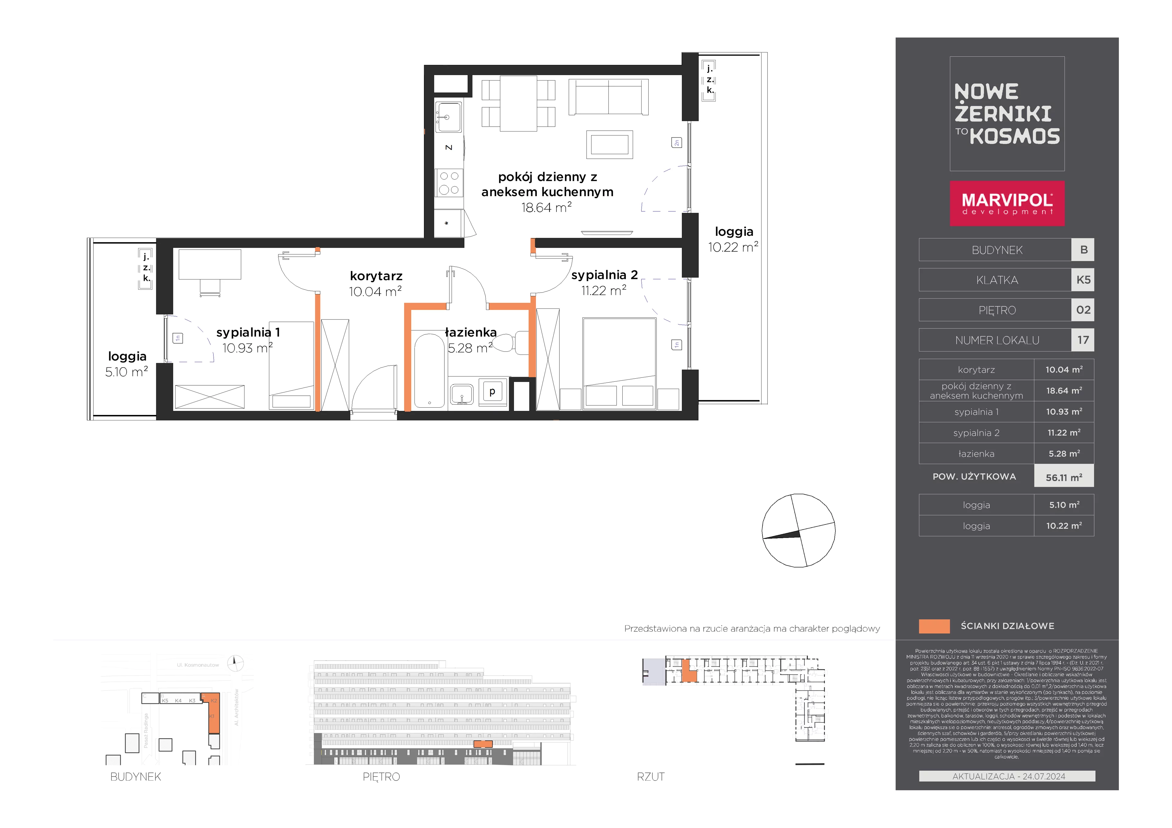 3 pokoje, mieszkanie 56,11 m², piętro 2, oferta nr B/B-02-17-K5, Nowe Żerniki, Wrocław, Żerniki, ul. Kosmonautów / al. Architektów