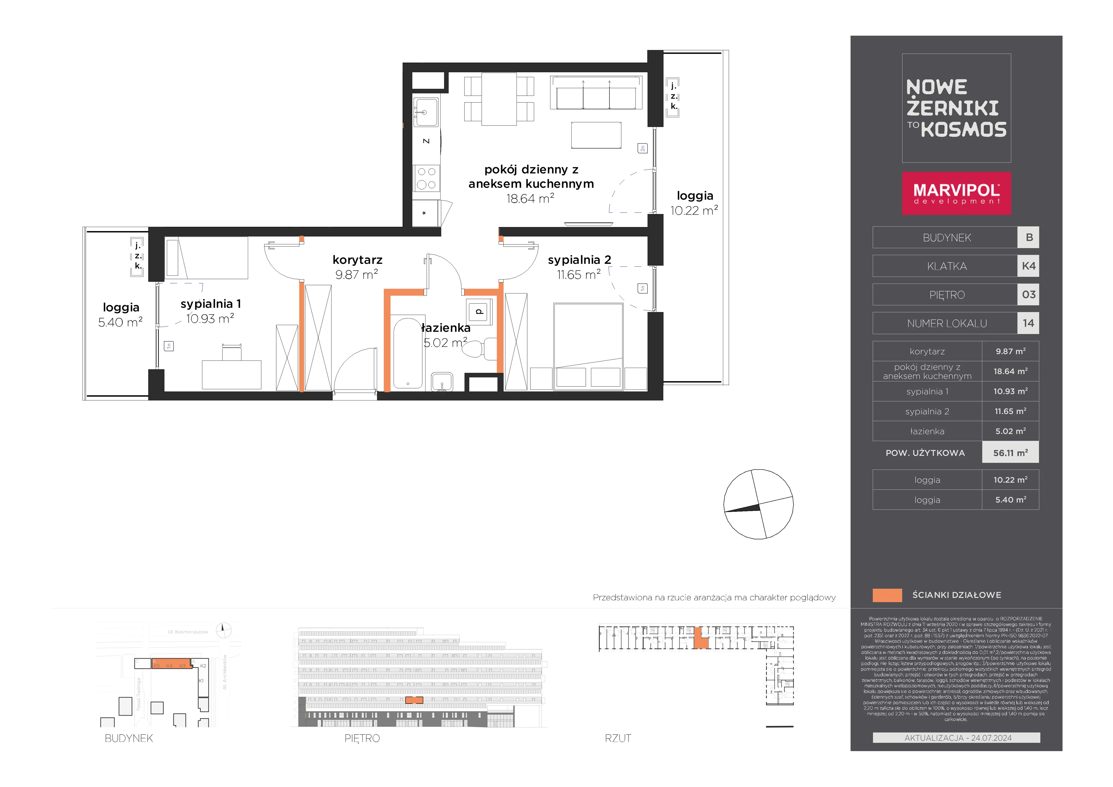 3 pokoje, mieszkanie 56,11 m², piętro 3, oferta nr B/B-03-14-K4, Nowe Żerniki, Wrocław, Żerniki, ul. Kosmonautów / al. Architektów