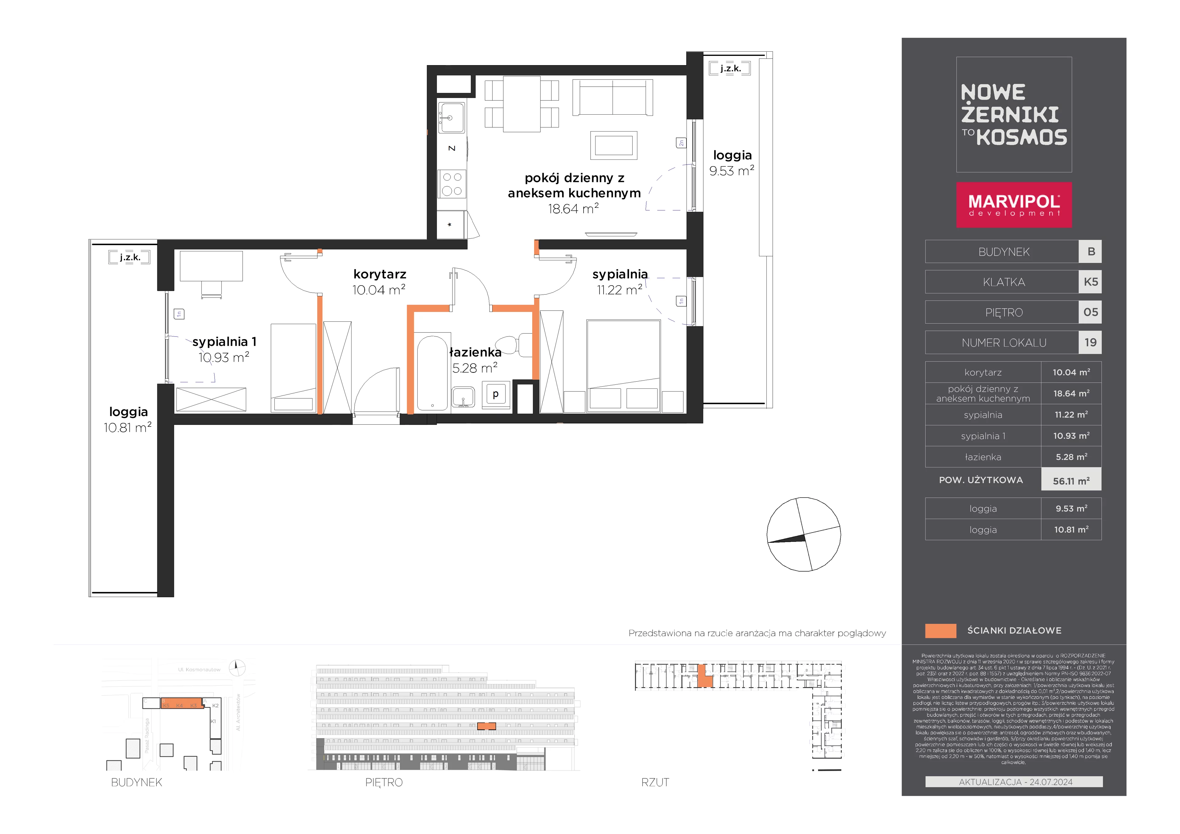 3 pokoje, mieszkanie 56,11 m², piętro 5, oferta nr B/B-05-19-K5, Nowe Żerniki, Wrocław, Żerniki, ul. Kosmonautów / al. Architektów