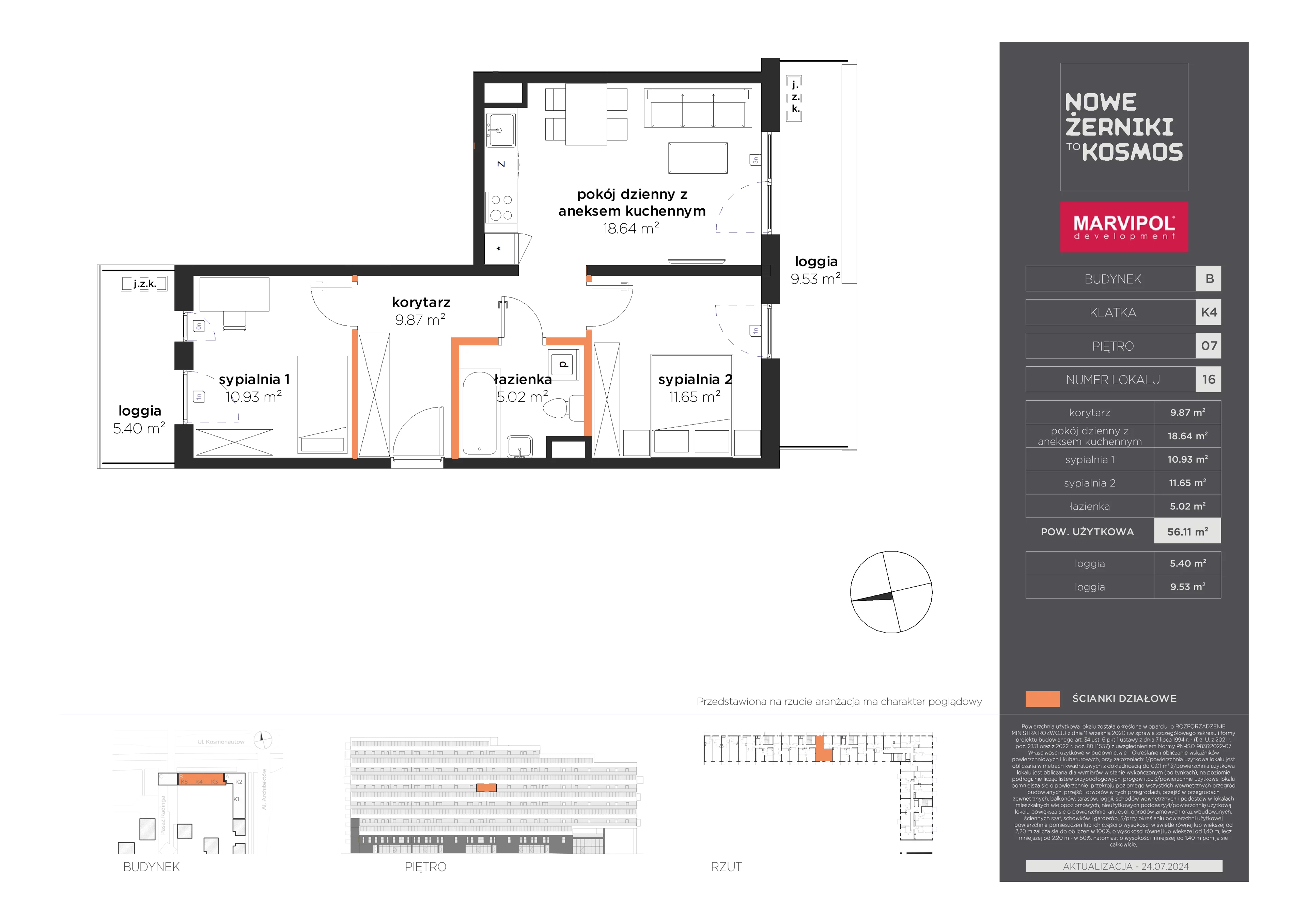 3 pokoje, mieszkanie 56,11 m², piętro 7, oferta nr B/B-07-16-K4, Nowe Żerniki, Wrocław, Żerniki, ul. Kosmonautów / al. Architektów