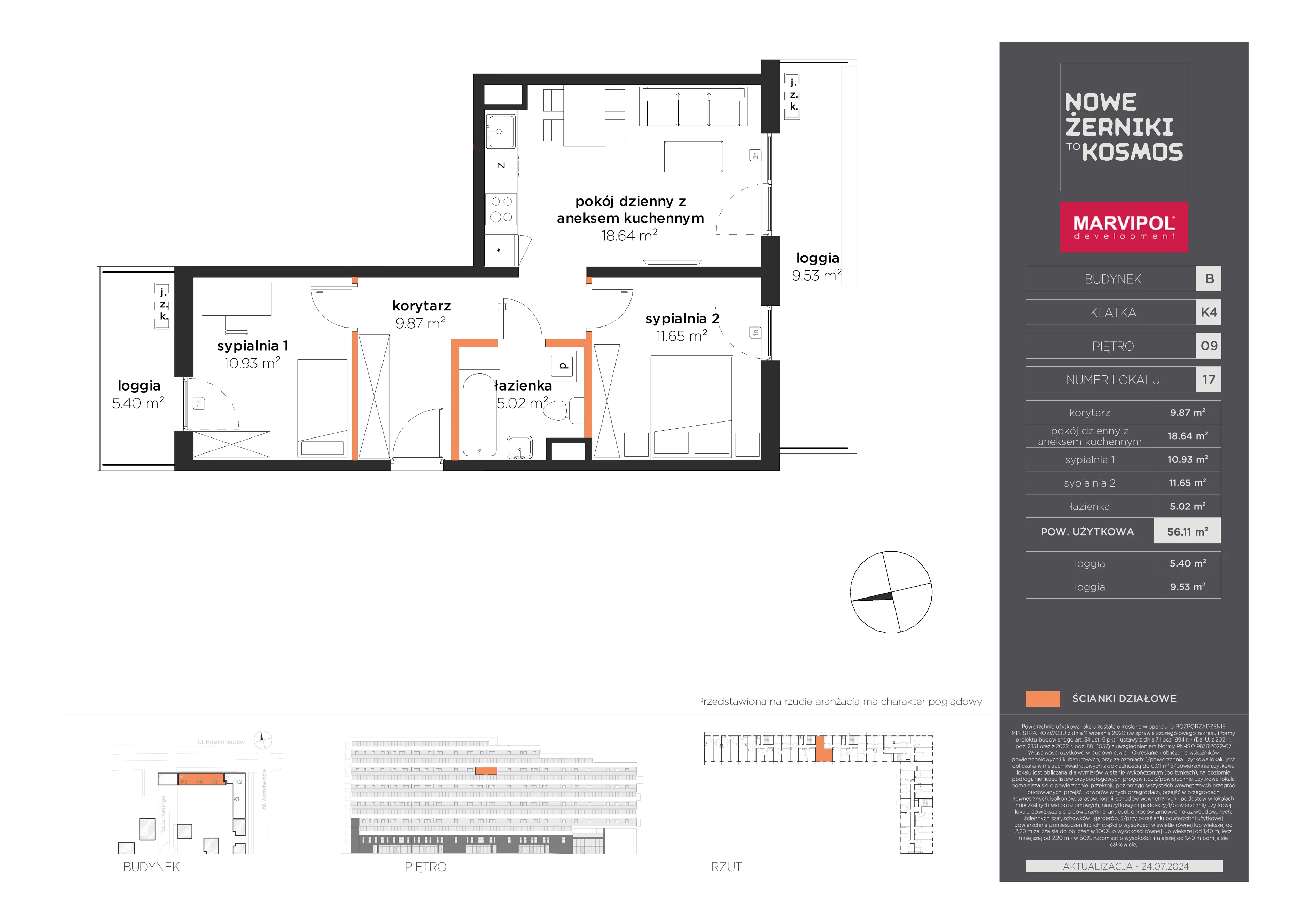 3 pokoje, mieszkanie 56,11 m², piętro 9, oferta nr B/B-09-17-K4, Nowe Żerniki, Wrocław, Żerniki, ul. Kosmonautów / al. Architektów