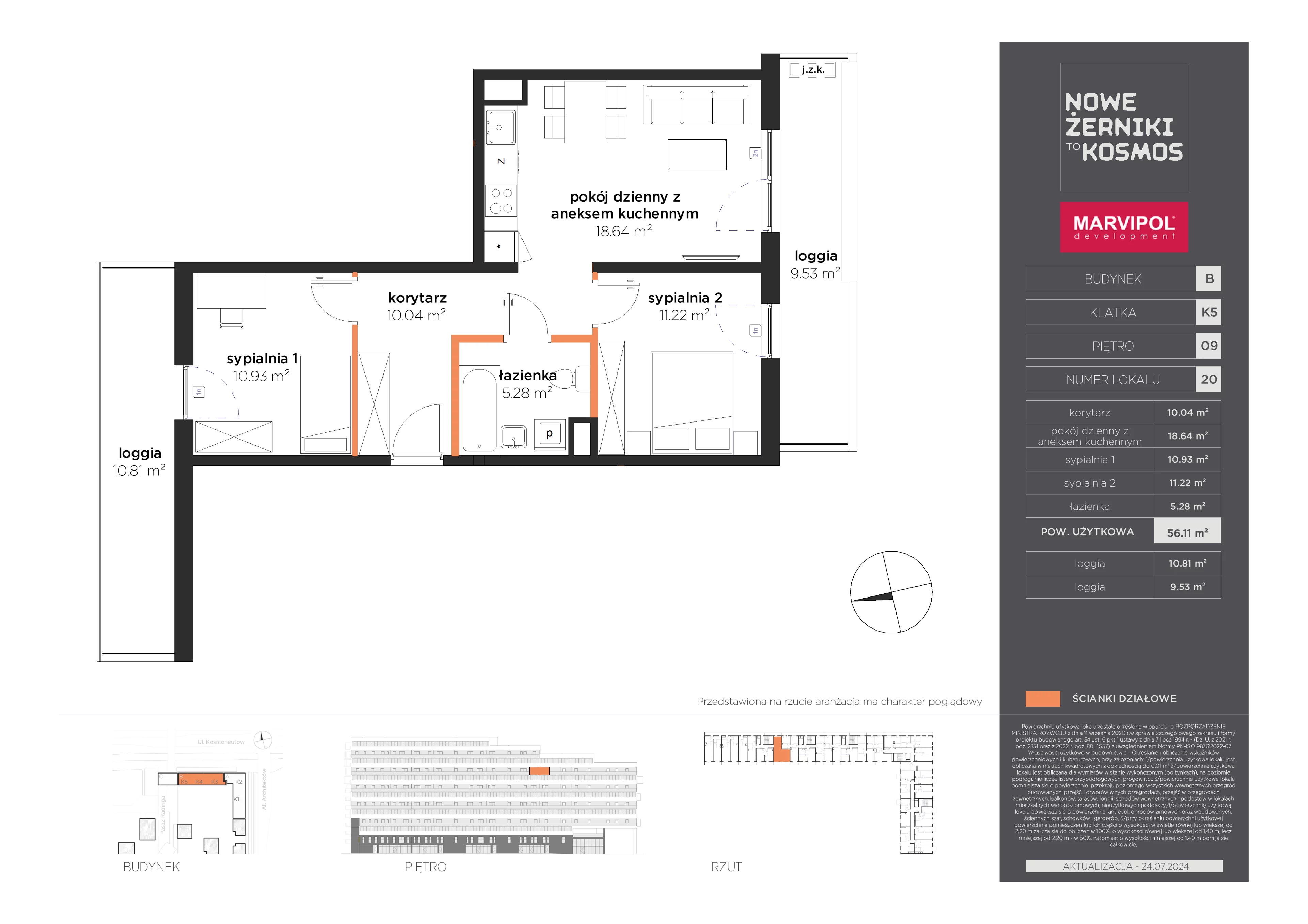 3 pokoje, mieszkanie 56,11 m², piętro 9, oferta nr B/B-09-20-K5, Nowe Żerniki, Wrocław, Żerniki, ul. Kosmonautów / al. Architektów