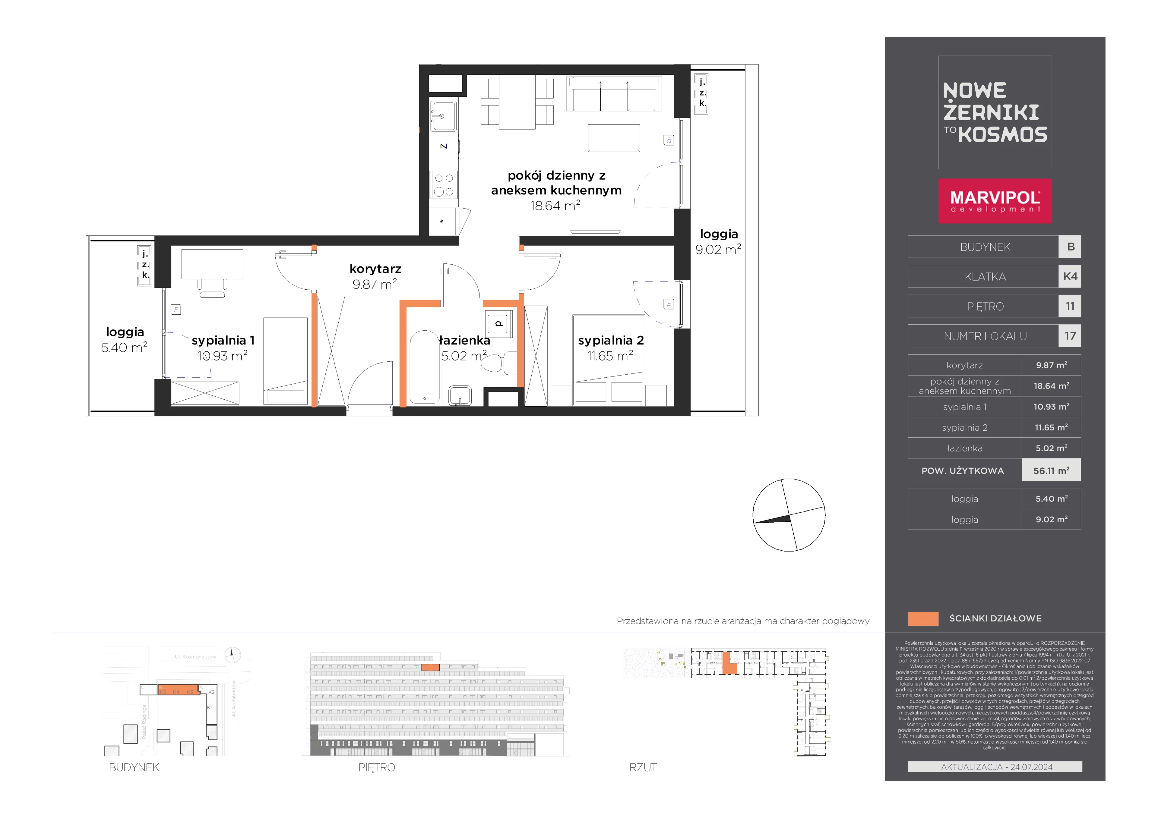 3 pokoje, mieszkanie 56,11 m², piętro 11, oferta nr B/B-11-17-K4, Nowe Żerniki, Wrocław, Żerniki, ul. Kosmonautów / al. Architektów