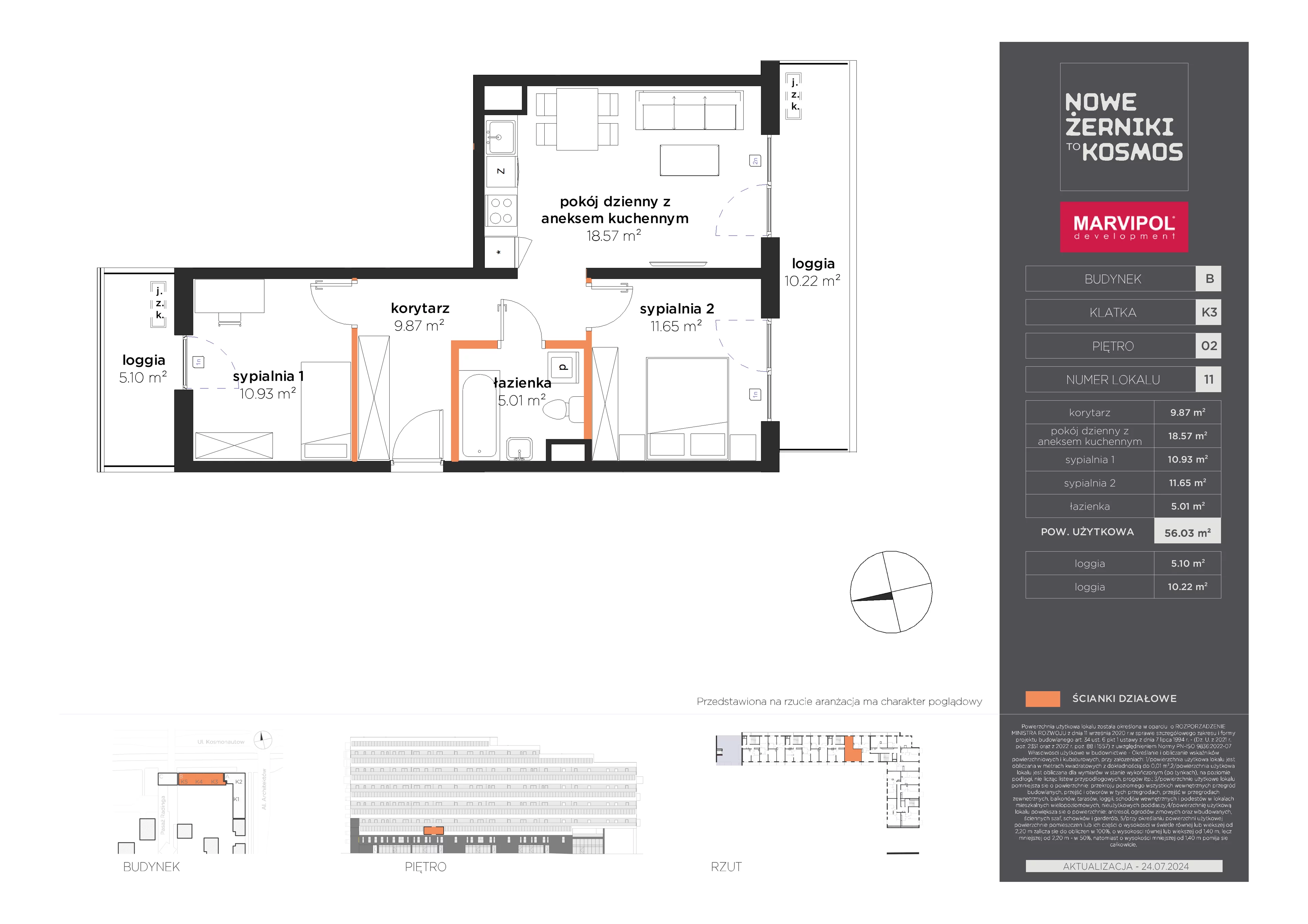 3 pokoje, mieszkanie 56,03 m², piętro 2, oferta nr B/B-02-11-K3, Nowe Żerniki, Wrocław, Żerniki, ul. Kosmonautów / al. Architektów