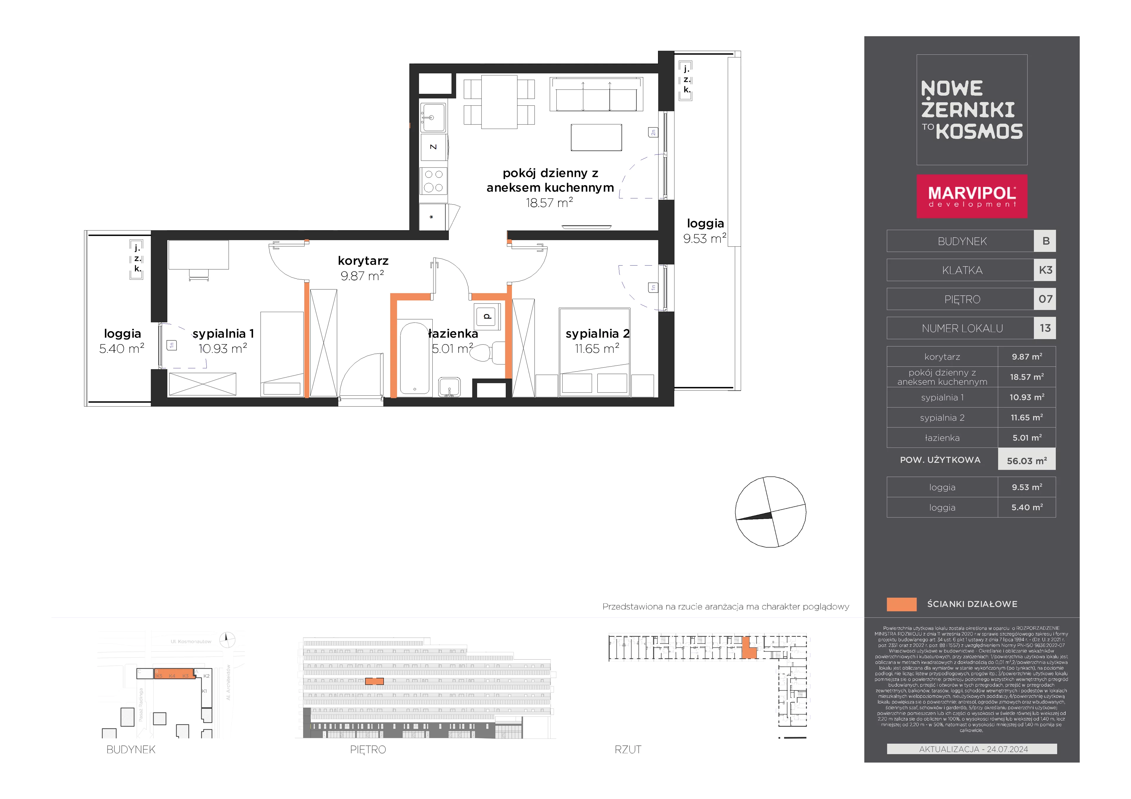 3 pokoje, mieszkanie 56,03 m², piętro 7, oferta nr B/B-07-13-K3, Nowe Żerniki, Wrocław, Żerniki, ul. Kosmonautów / al. Architektów