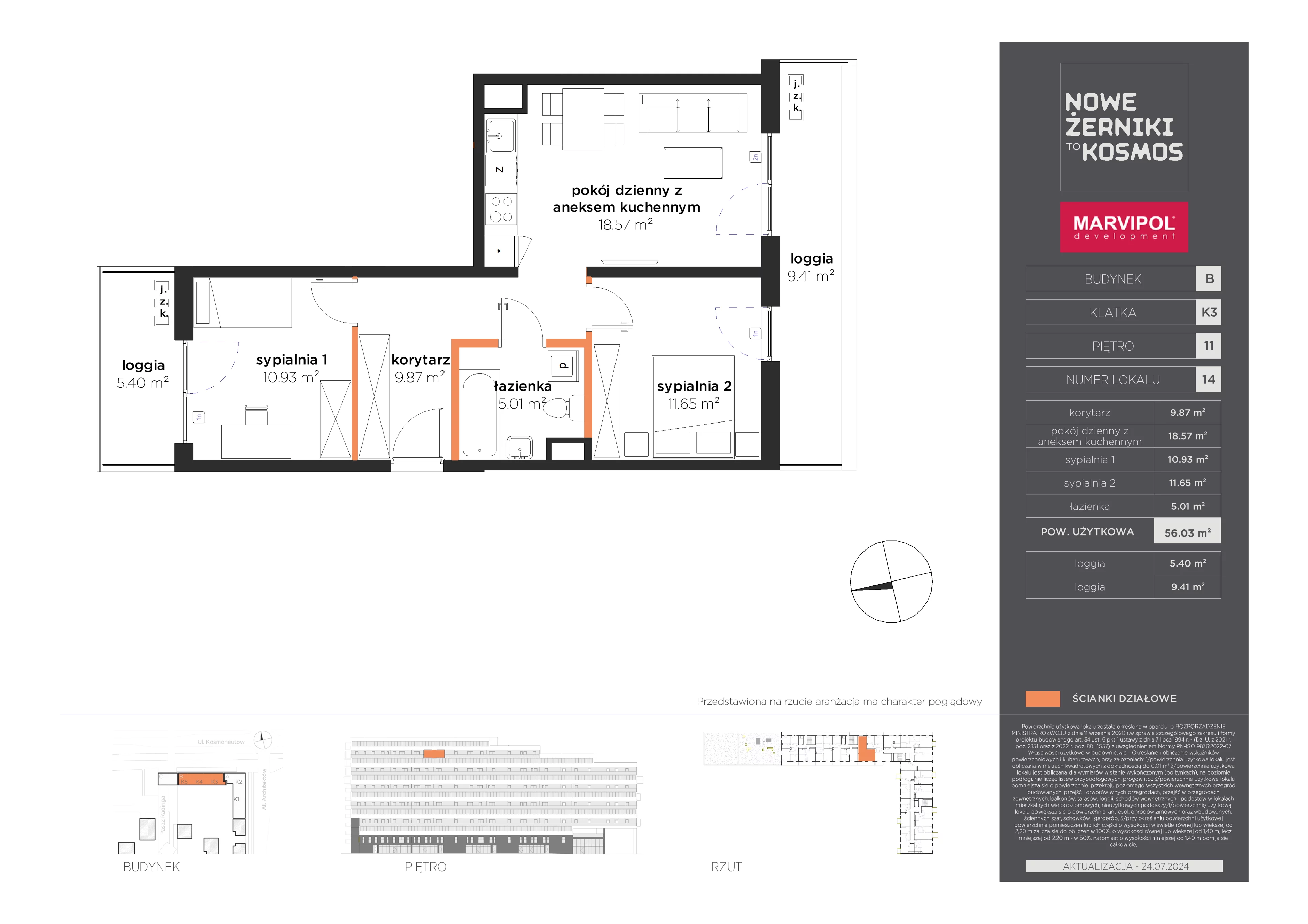3 pokoje, mieszkanie 56,03 m², piętro 11, oferta nr B/B-11-14-K3, Nowe Żerniki, Wrocław, Żerniki, ul. Kosmonautów / al. Architektów