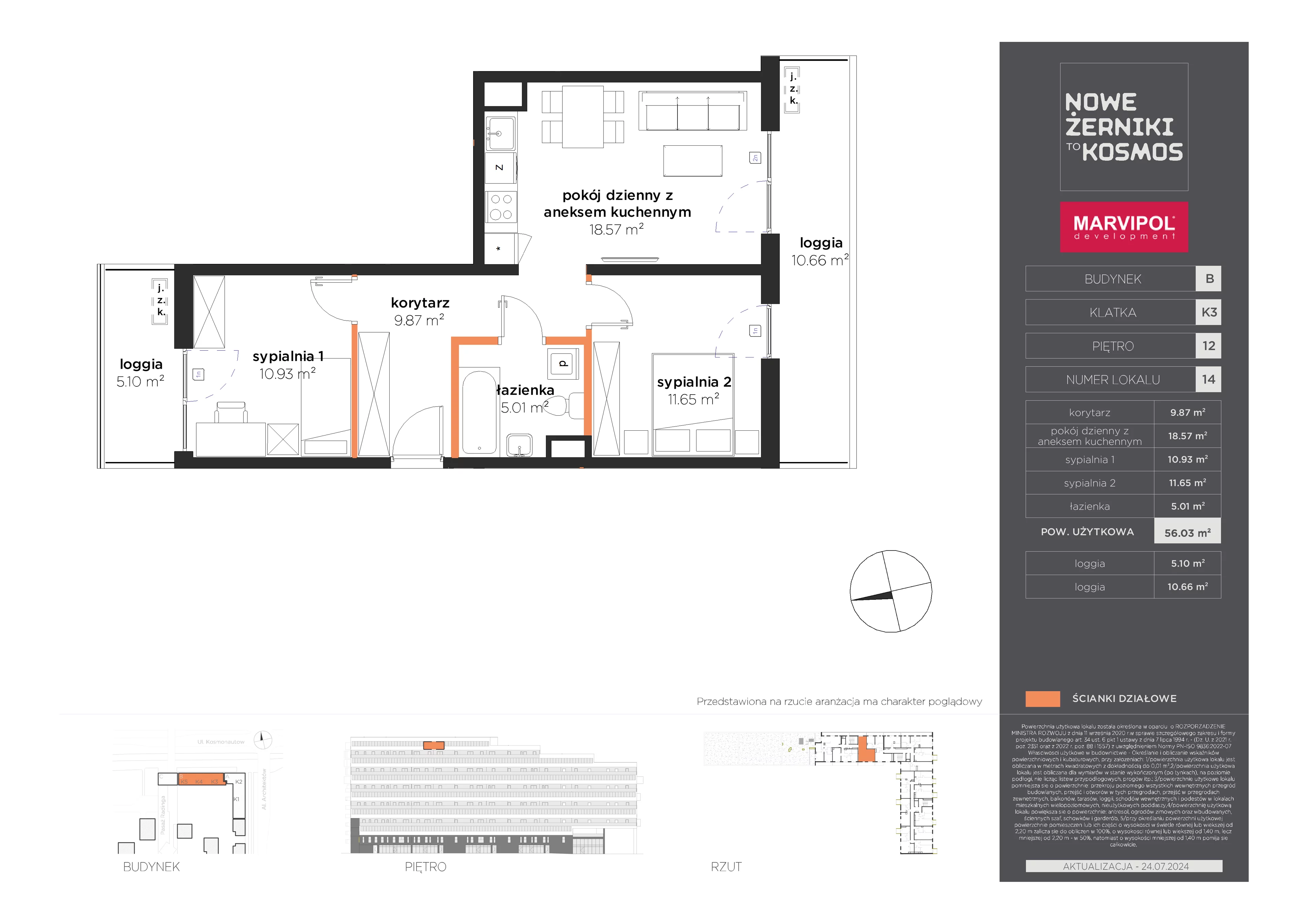 3 pokoje, mieszkanie 56,03 m², piętro 12, oferta nr B/B-12-14-K3, Nowe Żerniki, Wrocław, Żerniki, ul. Kosmonautów / al. Architektów