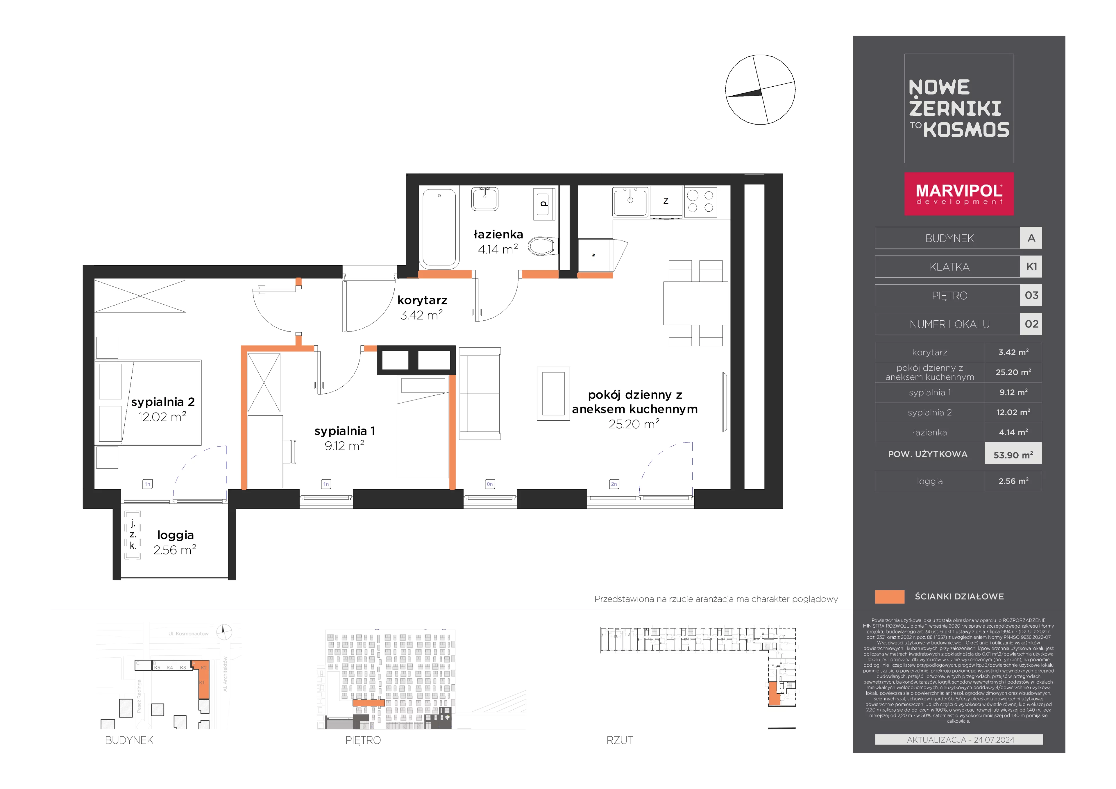 3 pokoje, mieszkanie 53,90 m², piętro 3, oferta nr A/A-03-02-K1, Nowe Żerniki, Wrocław, Żerniki, ul. Kosmonautów / al. Architektów