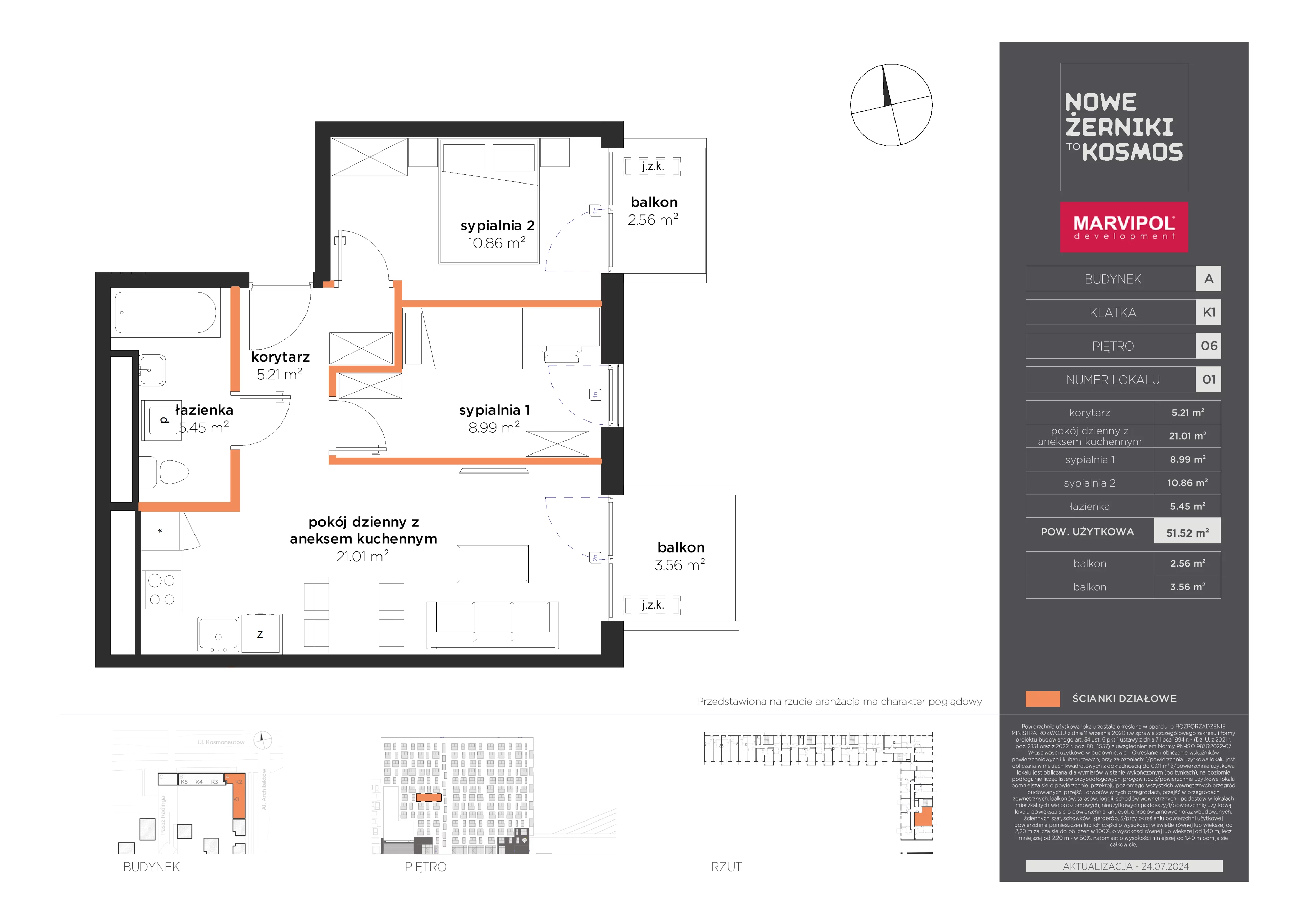 3 pokoje, mieszkanie 51,52 m², piętro 6, oferta nr A/A-06-01-K1, Nowe Żerniki, Wrocław, Żerniki, ul. Kosmonautów / al. Architektów