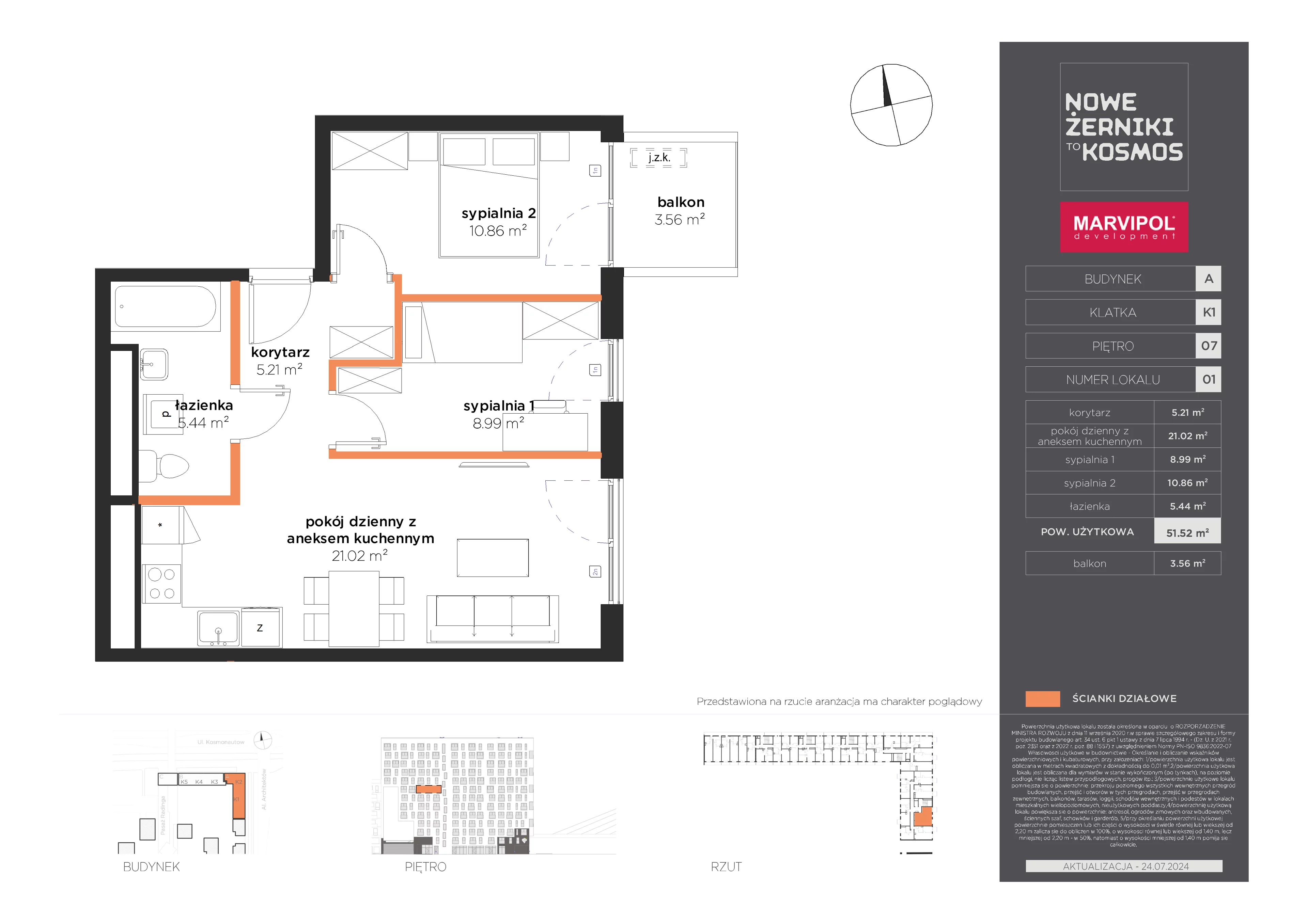 3 pokoje, mieszkanie 51,52 m², piętro 7, oferta nr A/A-07-01-K1, Nowe Żerniki, Wrocław, Żerniki, ul. Kosmonautów / al. Architektów
