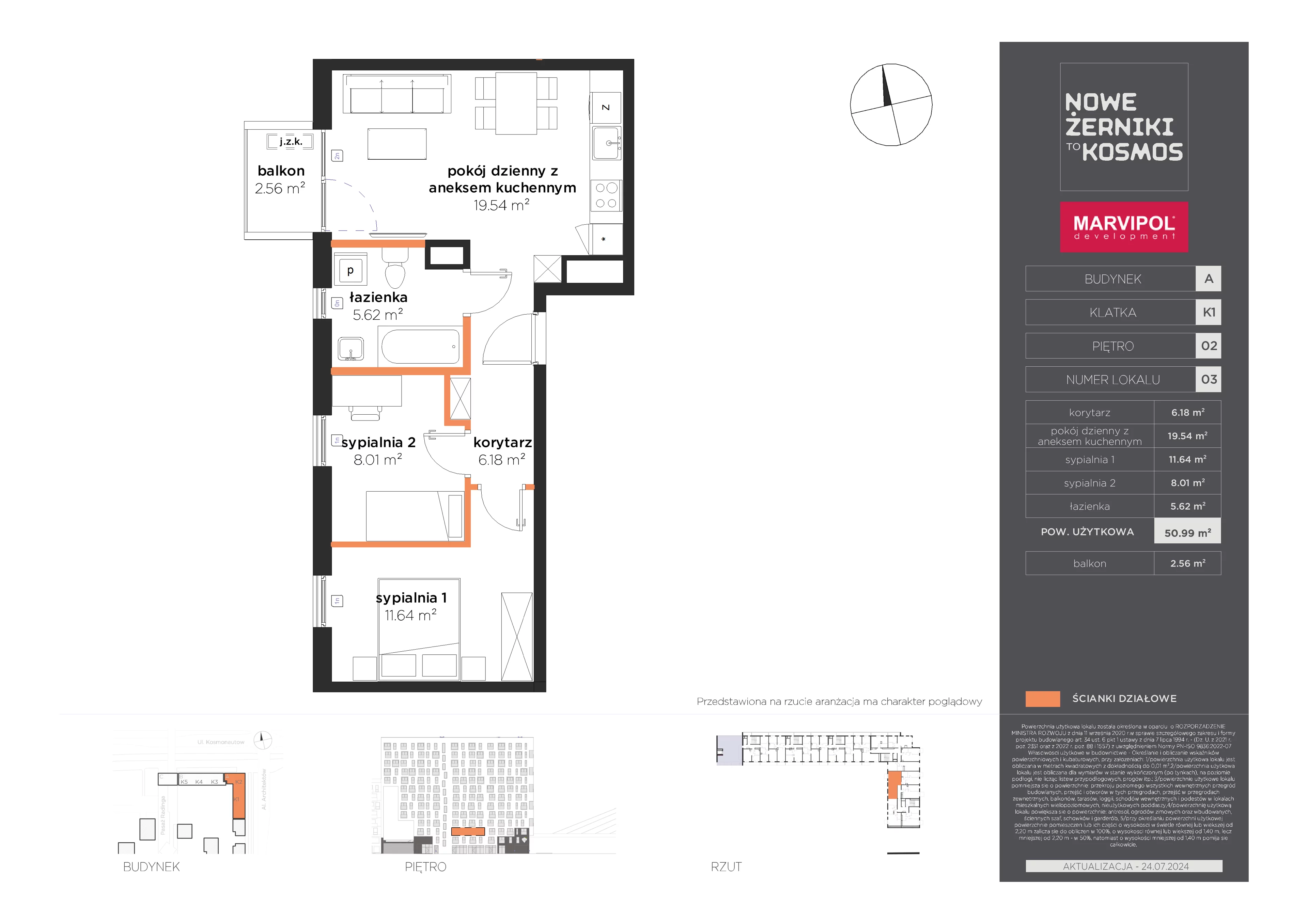 3 pokoje, mieszkanie 50,99 m², piętro 2, oferta nr A/A-02-03-K1, Nowe Żerniki, Wrocław, Żerniki, ul. Kosmonautów / al. Architektów