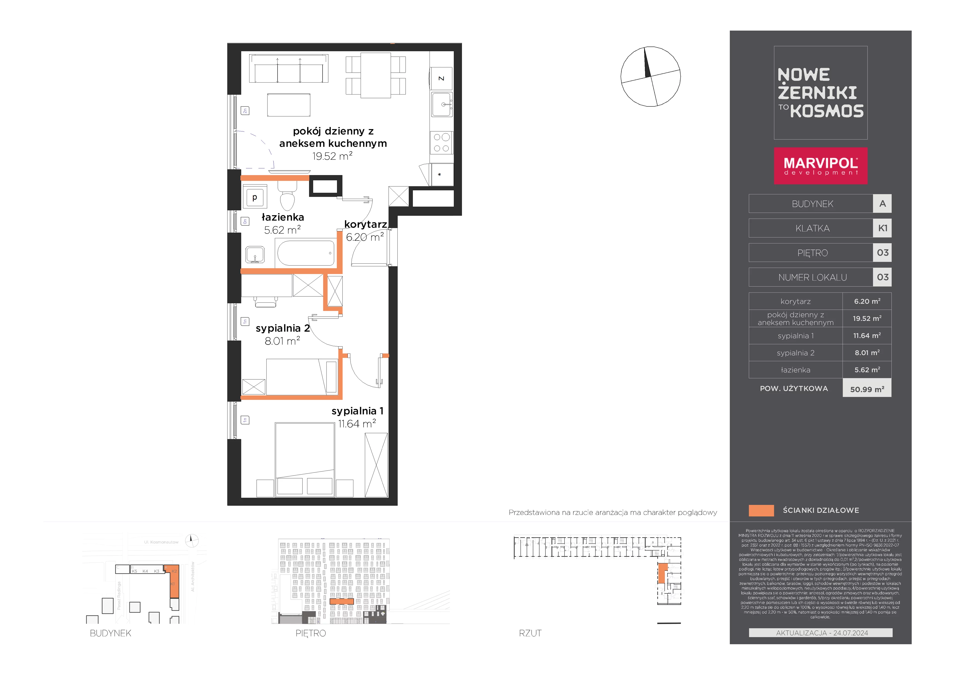 3 pokoje, mieszkanie 50,99 m², piętro 3, oferta nr A/A-03-03-K1, Nowe Żerniki, Wrocław, Żerniki, ul. Kosmonautów / al. Architektów