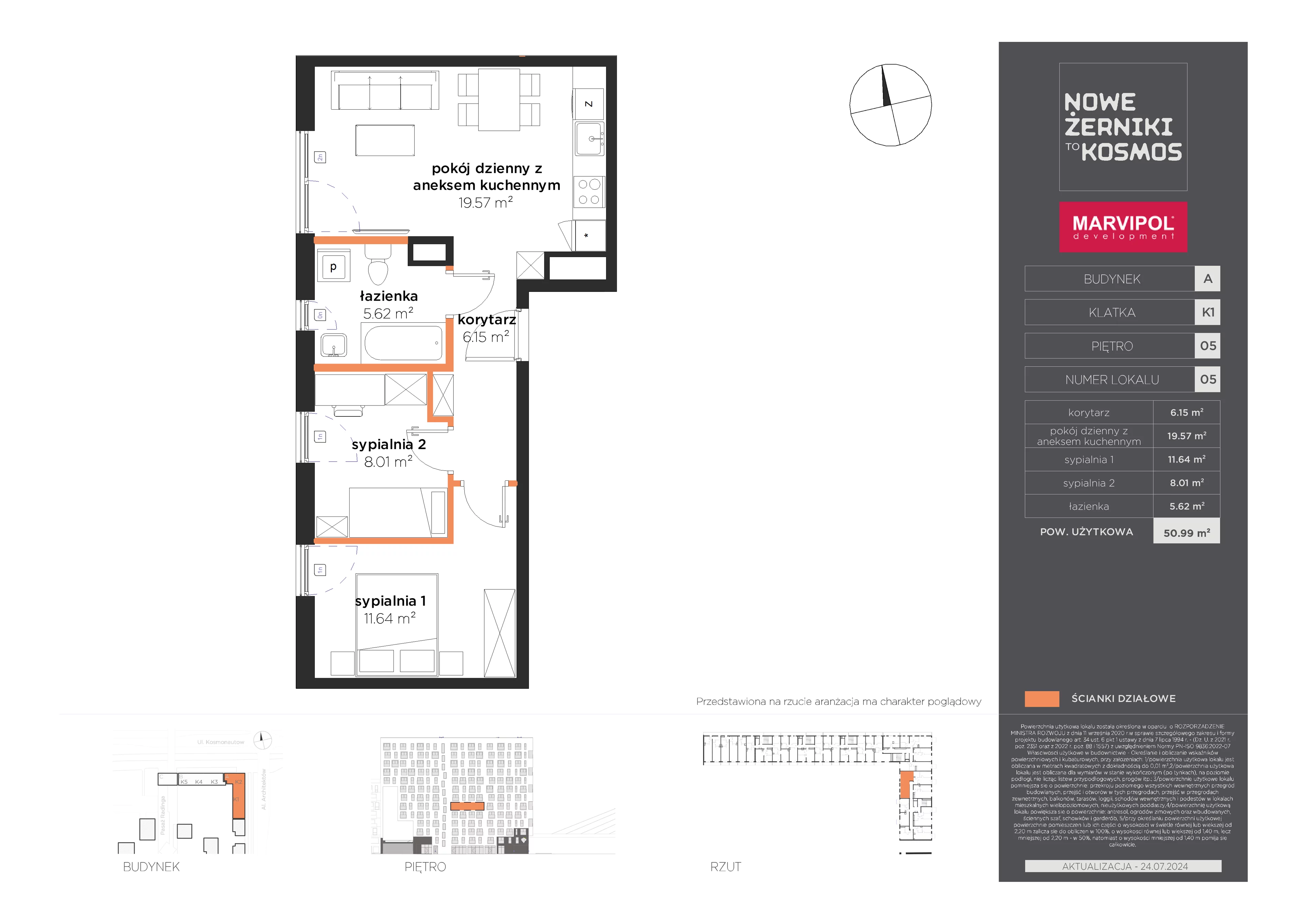 3 pokoje, mieszkanie 50,99 m², piętro 5, oferta nr A/A-05-05-K1, Nowe Żerniki, Wrocław, Żerniki, ul. Kosmonautów / al. Architektów