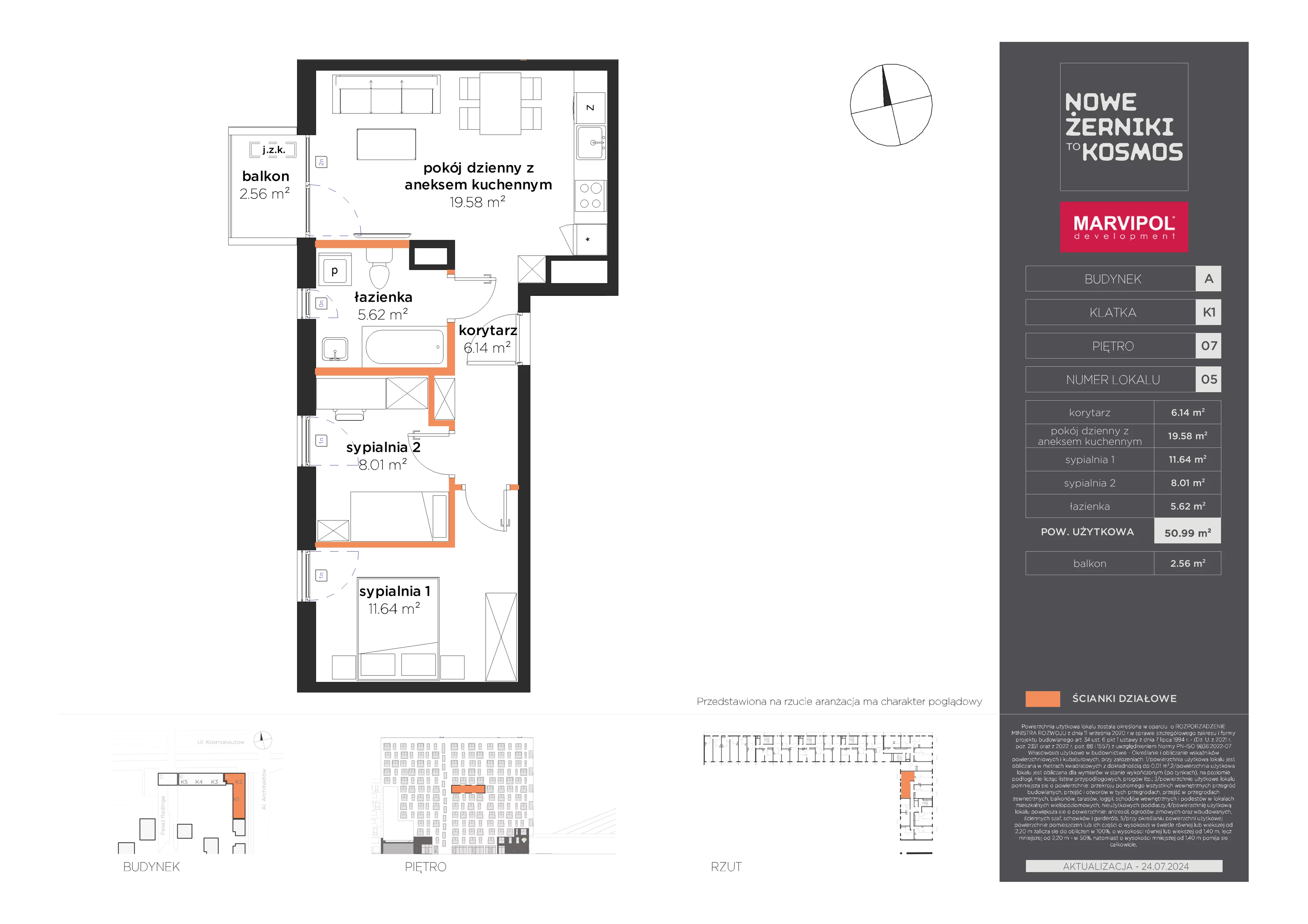 3 pokoje, mieszkanie 50,99 m², piętro 7, oferta nr A/A-07-05-K1, Nowe Żerniki, Wrocław, Żerniki, ul. Kosmonautów / al. Architektów
