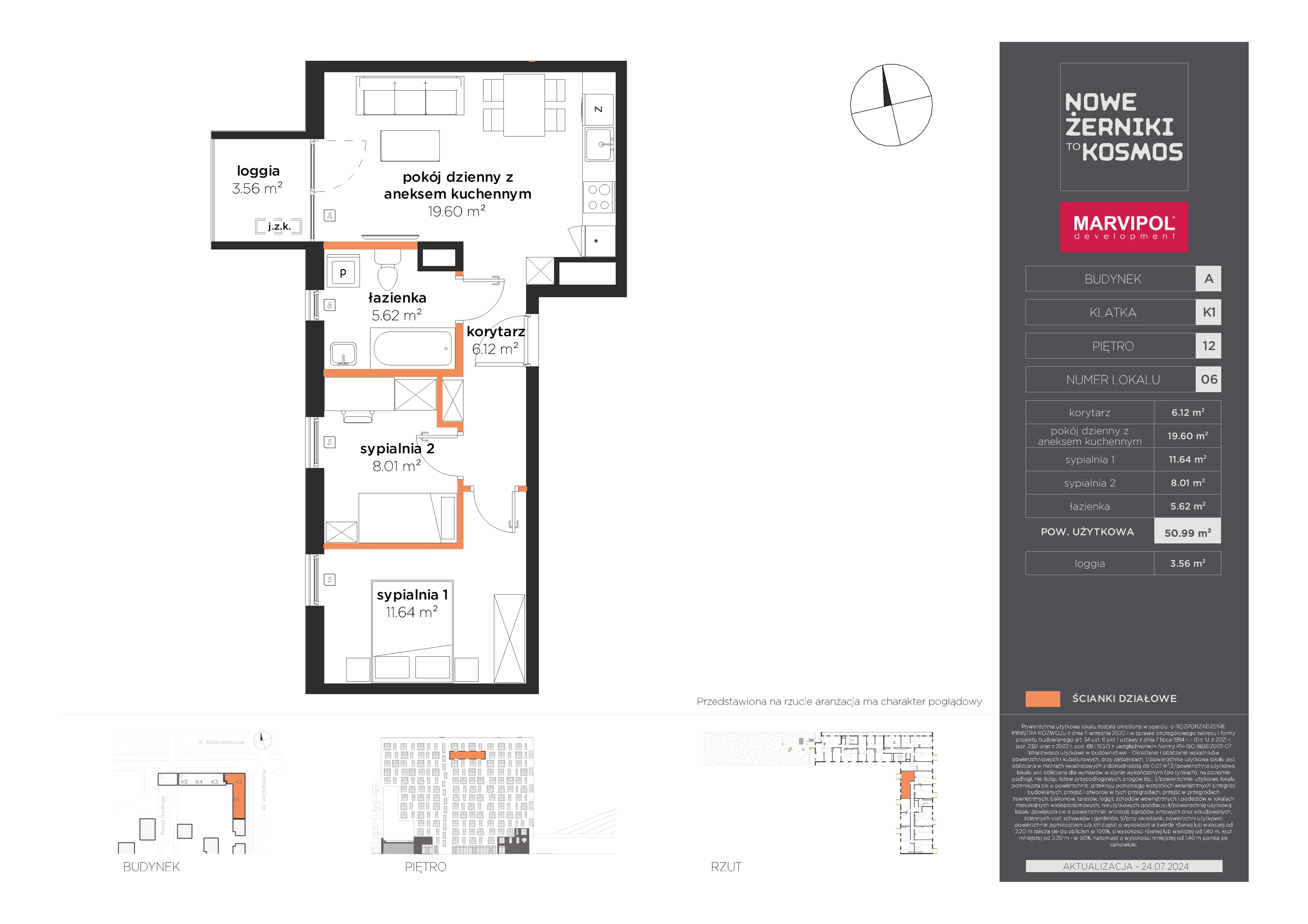 3 pokoje, mieszkanie 50,99 m², piętro 12, oferta nr A/A-12-06-K1, Nowe Żerniki, Wrocław, Żerniki, ul. Kosmonautów / al. Architektów