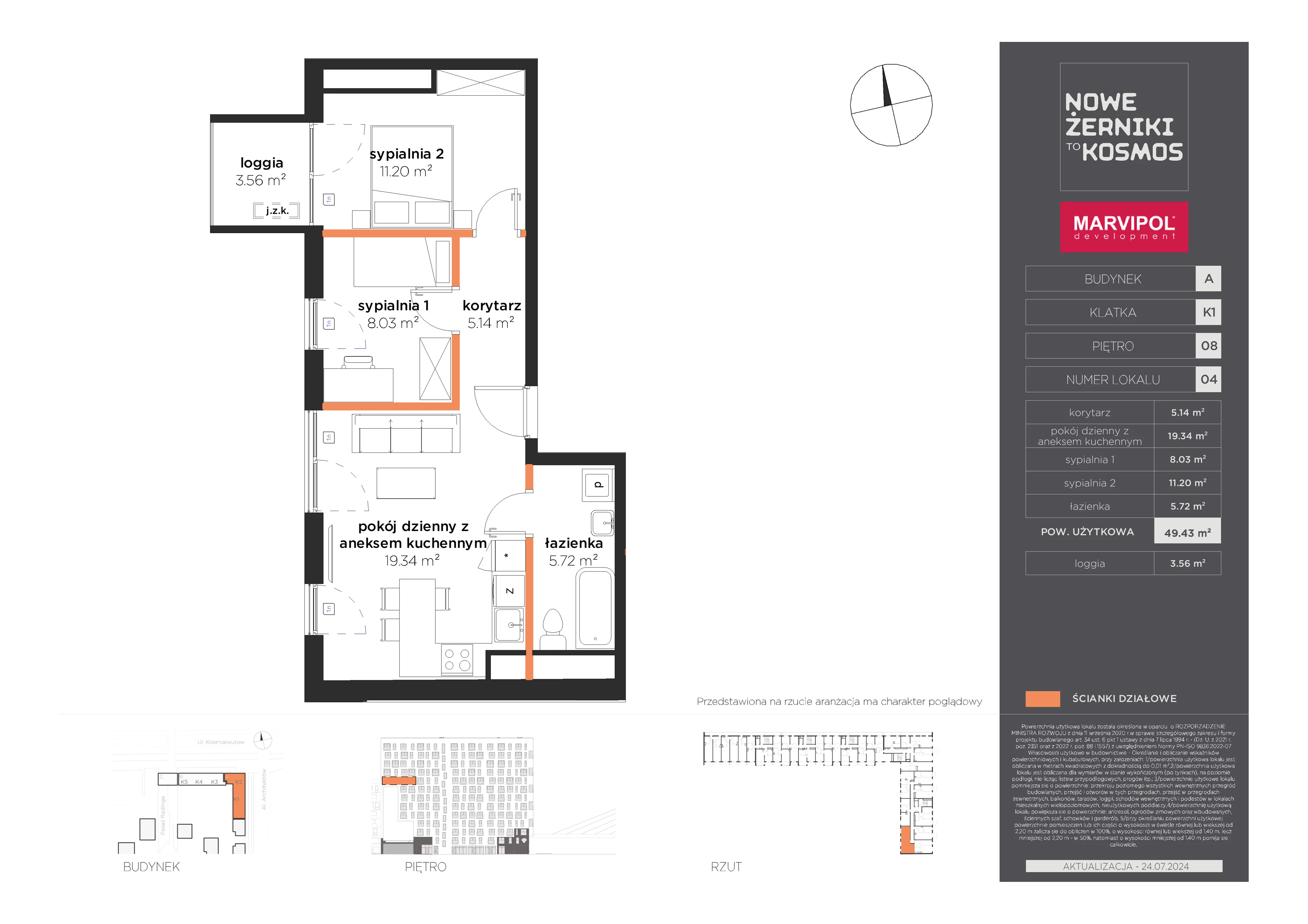 3 pokoje, mieszkanie 49,43 m², piętro 8, oferta nr A/A-08-04-K1, Nowe Żerniki, Wrocław, Żerniki, ul. Kosmonautów / al. Architektów