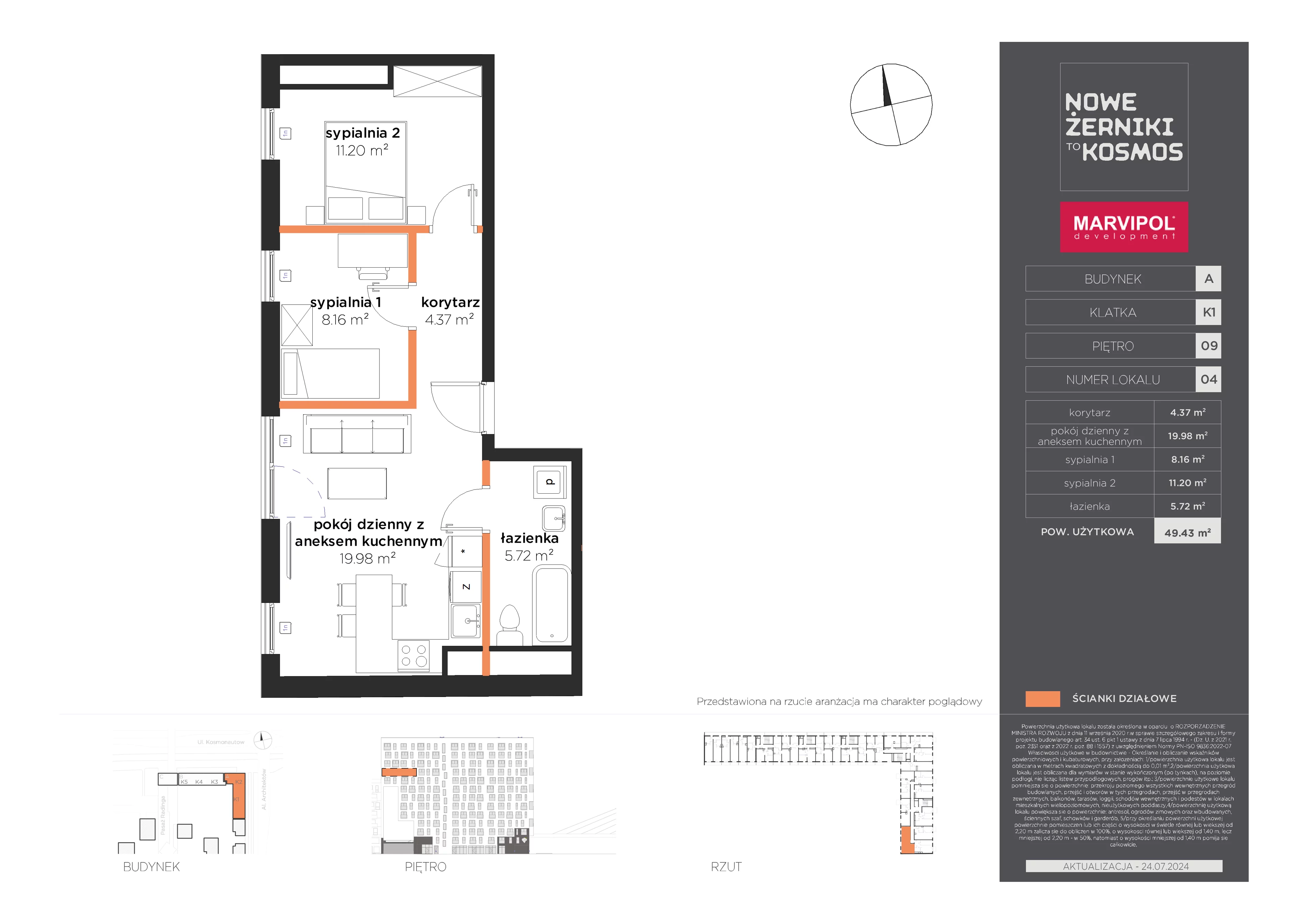 3 pokoje, mieszkanie 49,43 m², piętro 9, oferta nr A/A-09-04-K1, Nowe Żerniki, Wrocław, Żerniki, ul. Kosmonautów / al. Architektów
