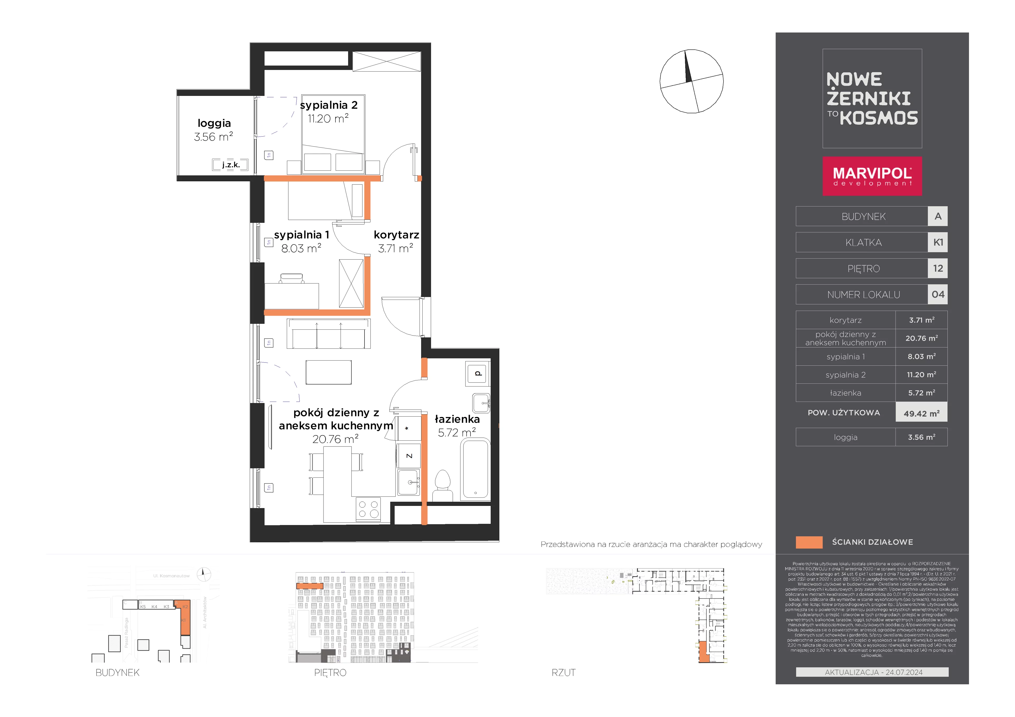3 pokoje, mieszkanie 49,42 m², piętro 12, oferta nr A/A-12-04-K1, Nowe Żerniki, Wrocław, Żerniki, ul. Kosmonautów / al. Architektów