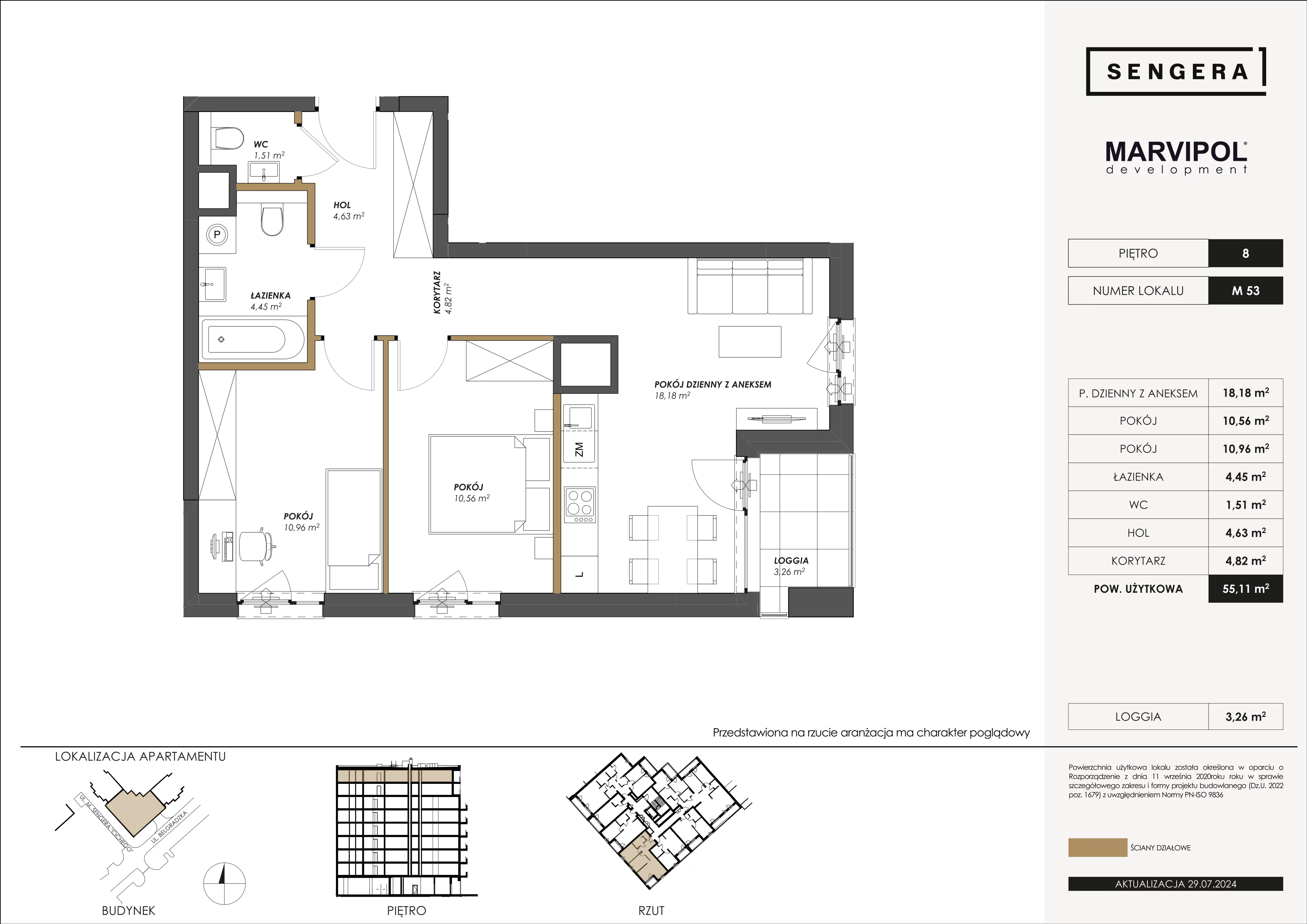 3 pokoje, apartament 55,11 m², piętro 8, oferta nr 1/M53, Sengera 1, Warszawa, Ursynów, Natolin, ul. Mariana Sengera „Cichego” 1