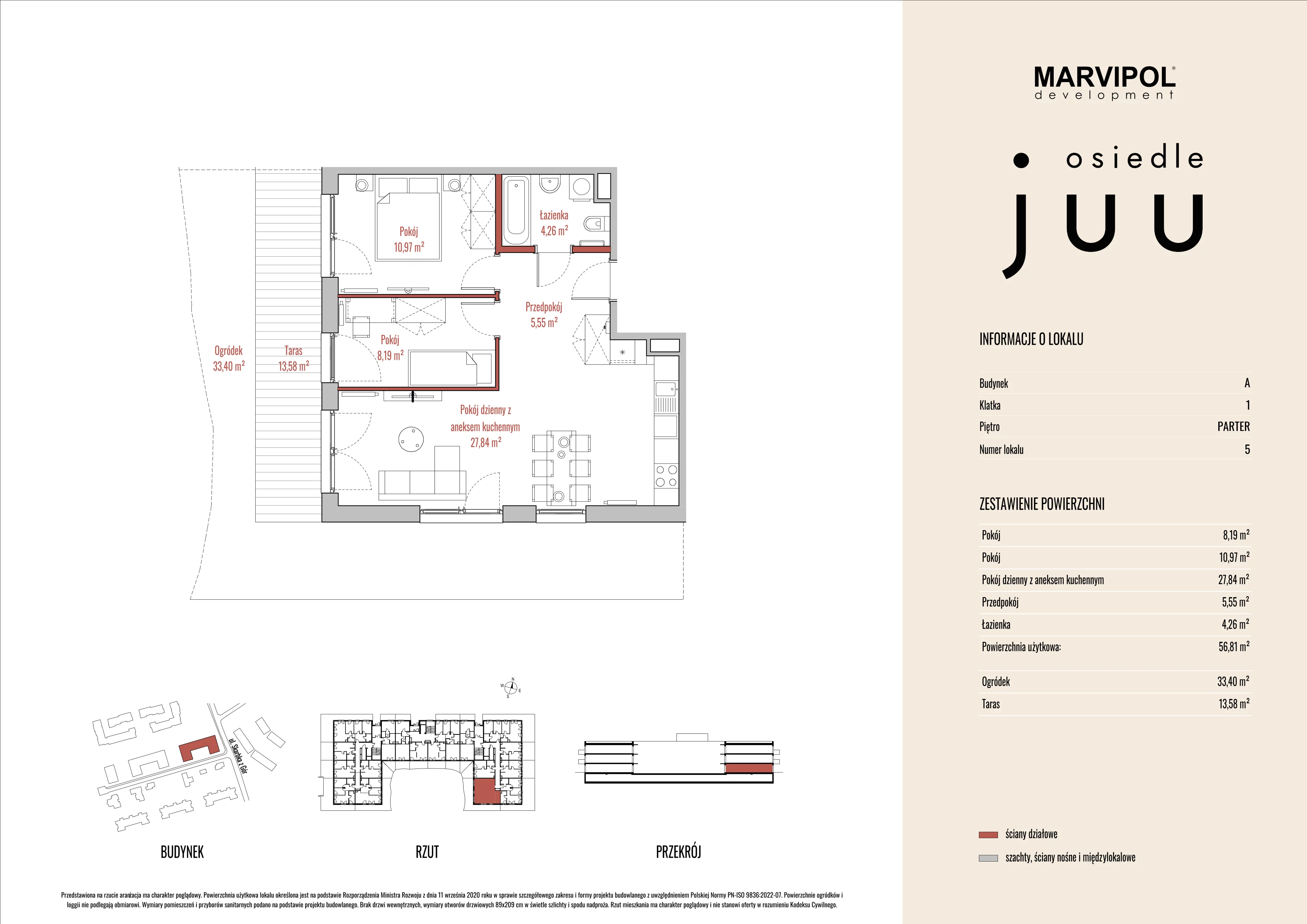 3 pokoje, mieszkanie 56,84 m², parter, oferta nr A/M005, Osiedle Juu, Warszawa, Białołęka, Grodzisk, ul. Skarbka z Gór 47