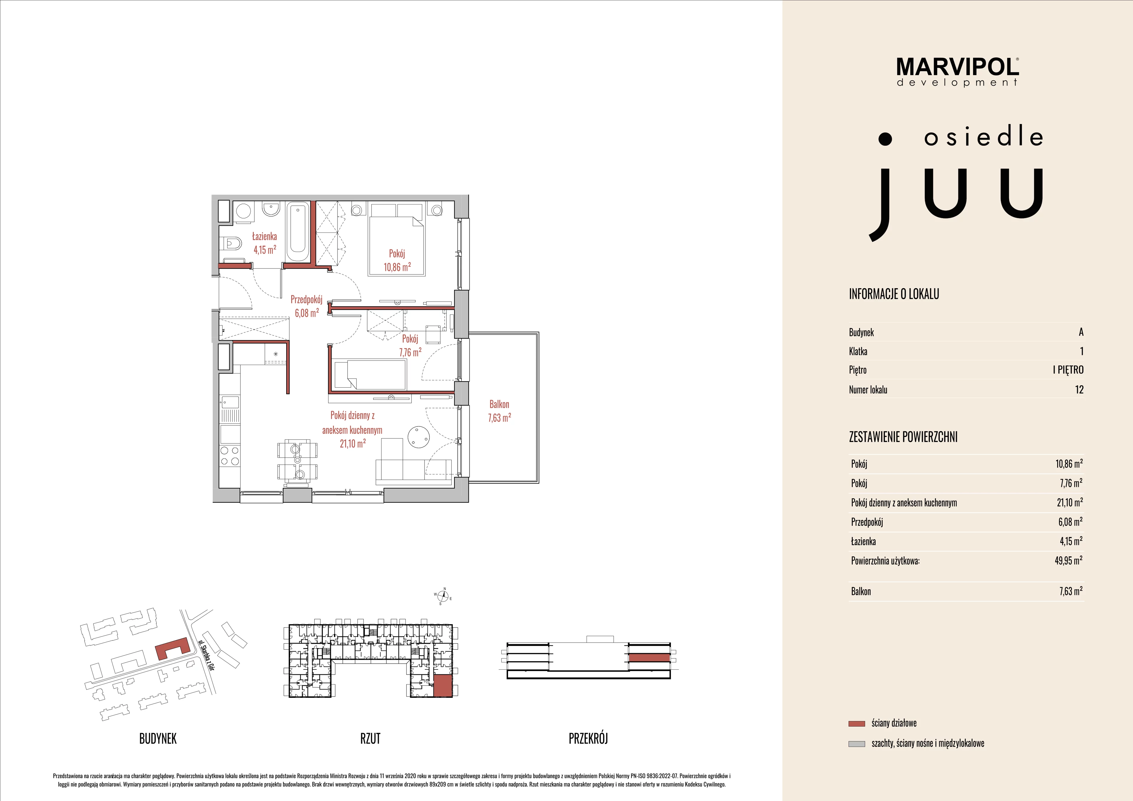 3 pokoje, mieszkanie 49,98 m², piętro 1, oferta nr A/M012, Osiedle Juu, Warszawa, Białołęka, Grodzisk, ul. Skarbka z Gór 47