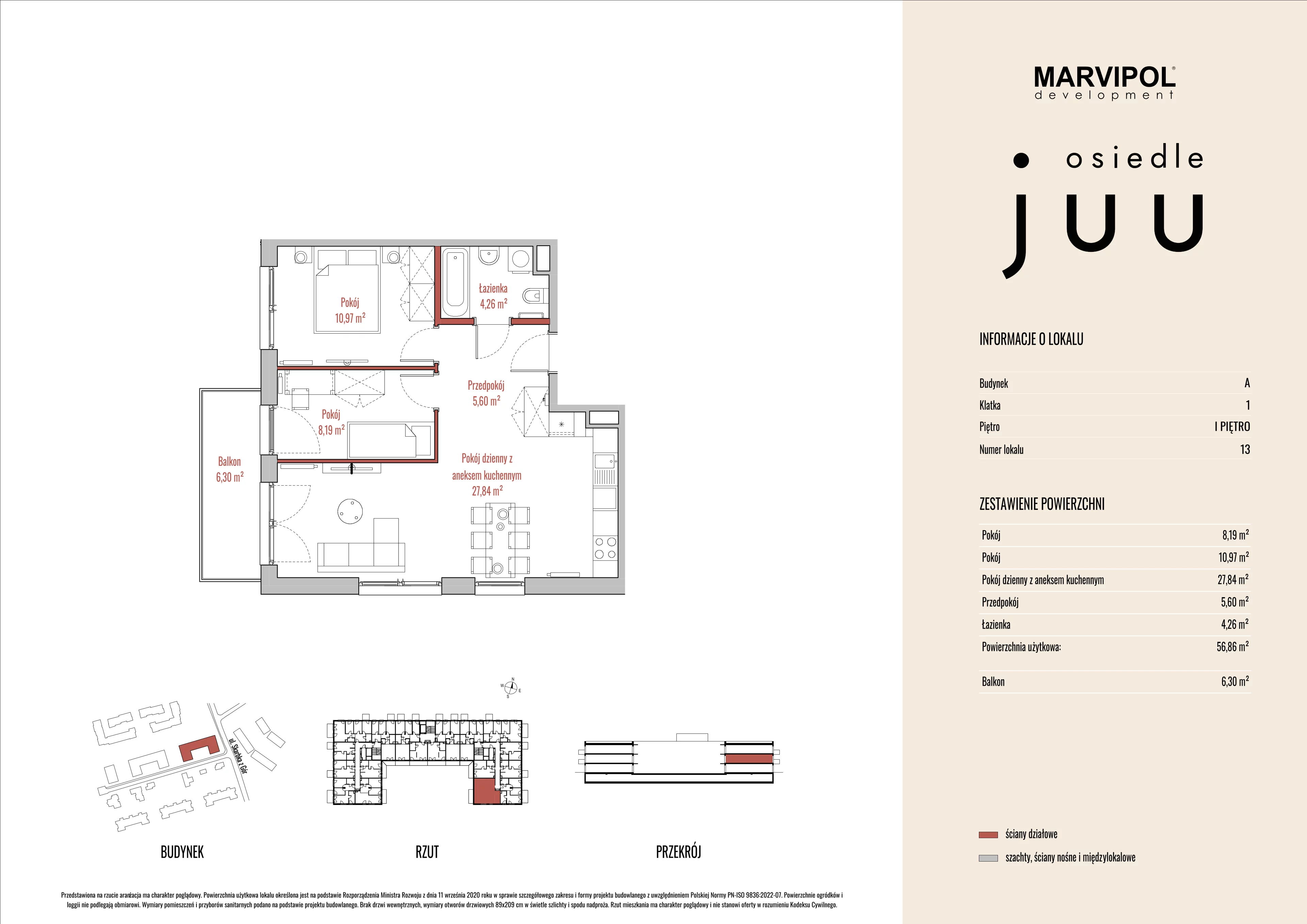 3 pokoje, mieszkanie 56,89 m², piętro 1, oferta nr A/M013, Osiedle Juu, Warszawa, Białołęka, Grodzisk, ul. Skarbka z Gór 47