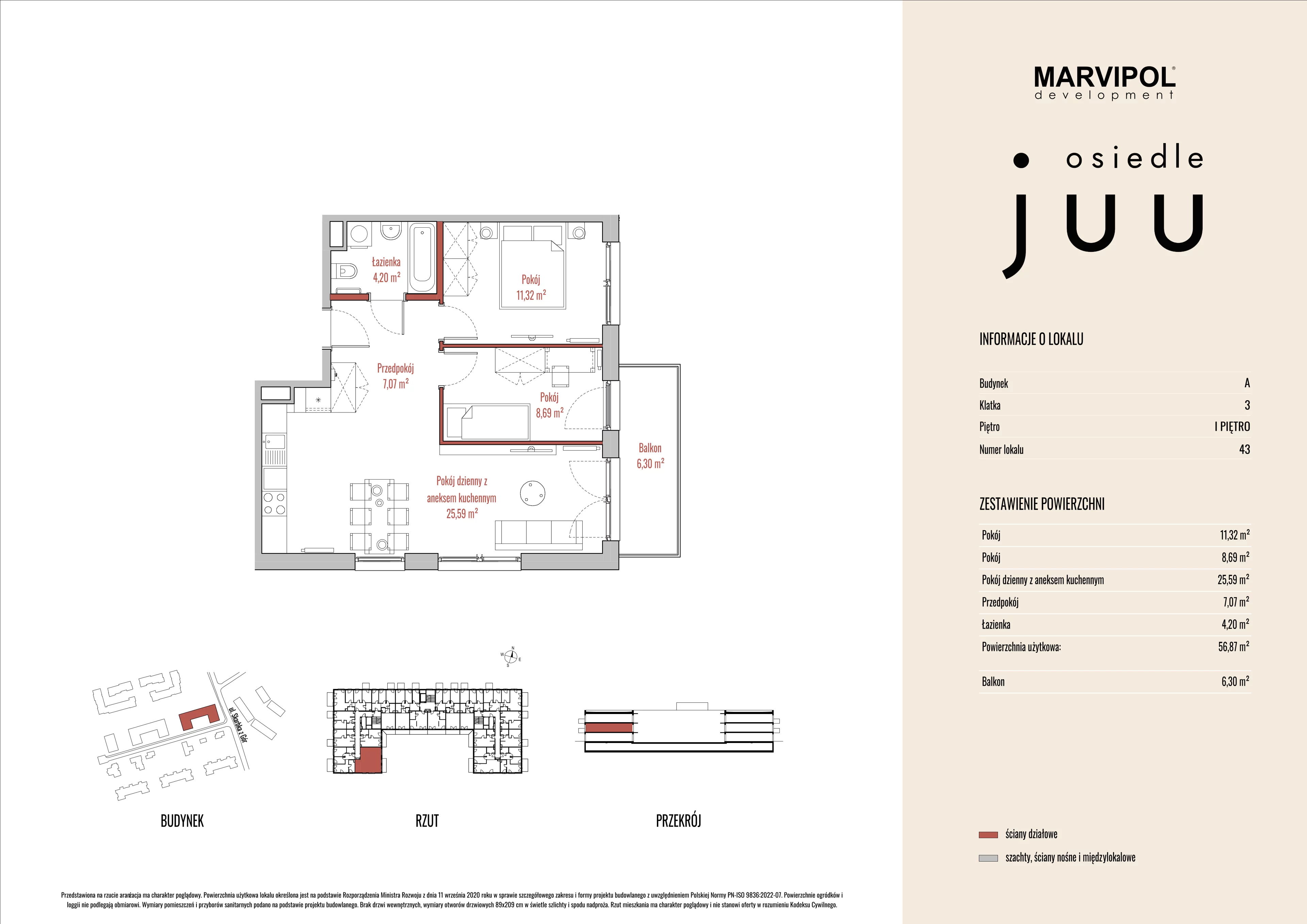 3 pokoje, mieszkanie 56,87 m², piętro 1, oferta nr A/M043, Osiedle Juu, Warszawa, Białołęka, Grodzisk, ul. Skarbka z Gór 47