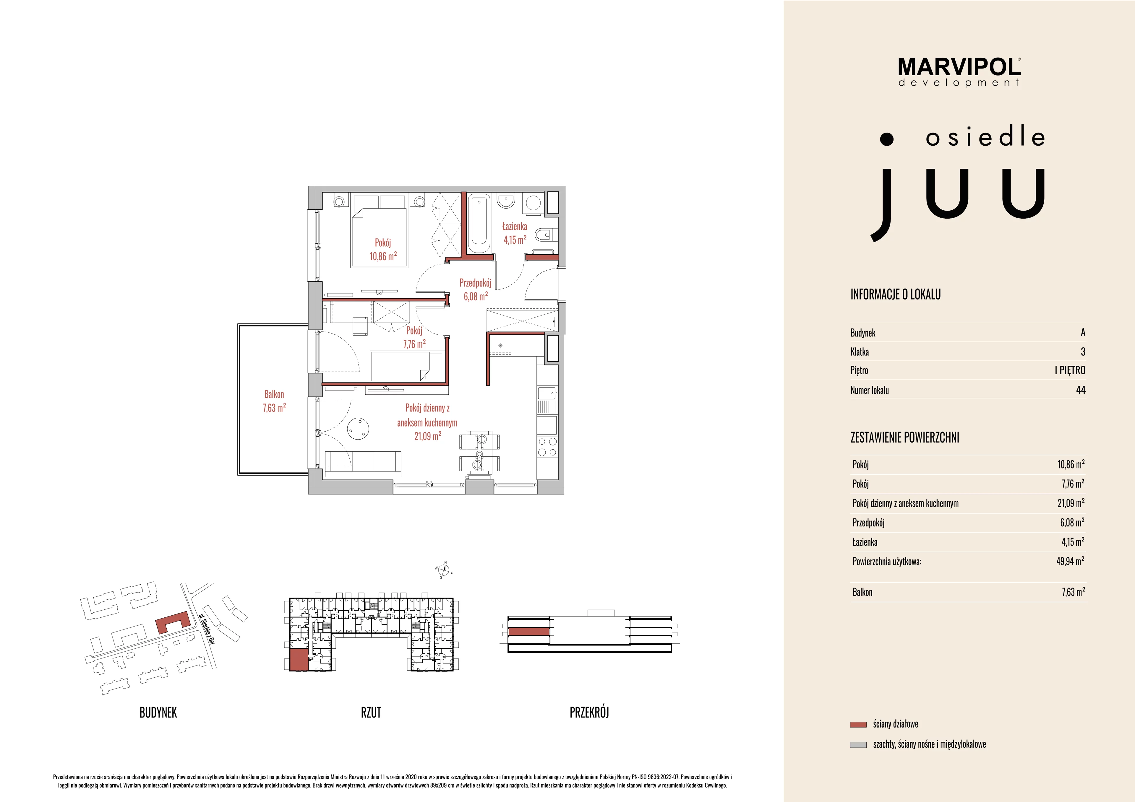 3 pokoje, mieszkanie 49,97 m², piętro 1, oferta nr A/M044, Osiedle Juu, Warszawa, Białołęka, Grodzisk, ul. Skarbka z Gór 47