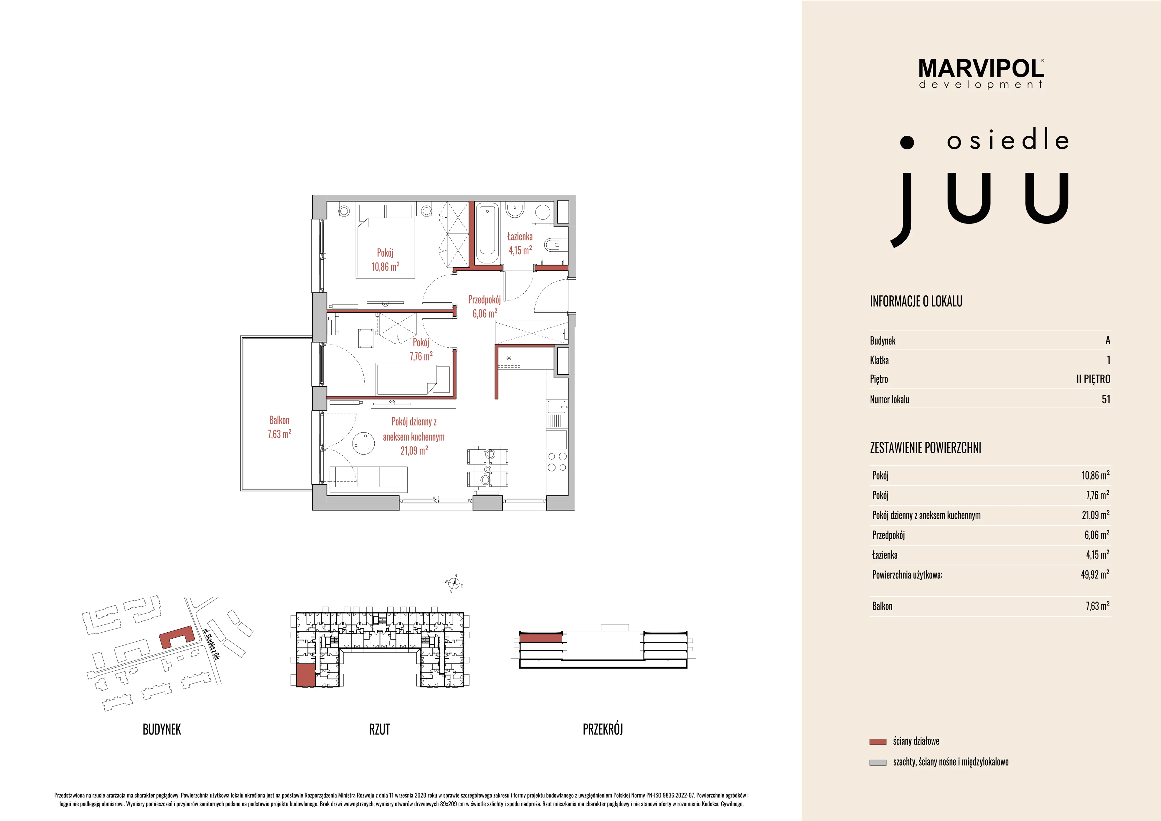 3 pokoje, mieszkanie 49,95 m², piętro 2, oferta nr A/M051, Osiedle Juu, Warszawa, Białołęka, Grodzisk, ul. Skarbka z Gór 47