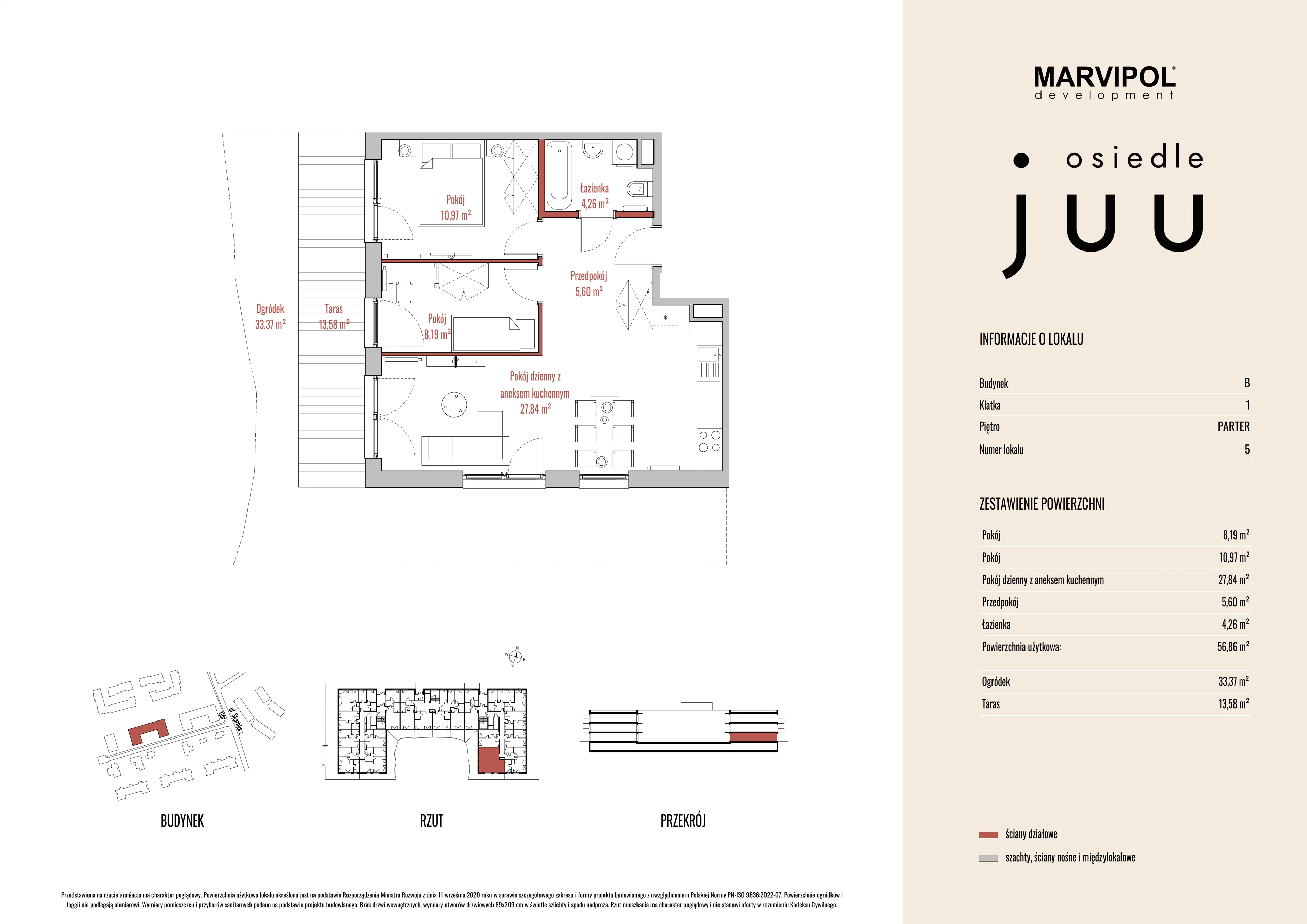 3 pokoje, mieszkanie 56,89 m², parter, oferta nr B/M005, Osiedle Juu, Warszawa, Białołęka, Grodzisk, ul. Skarbka z Gór 47