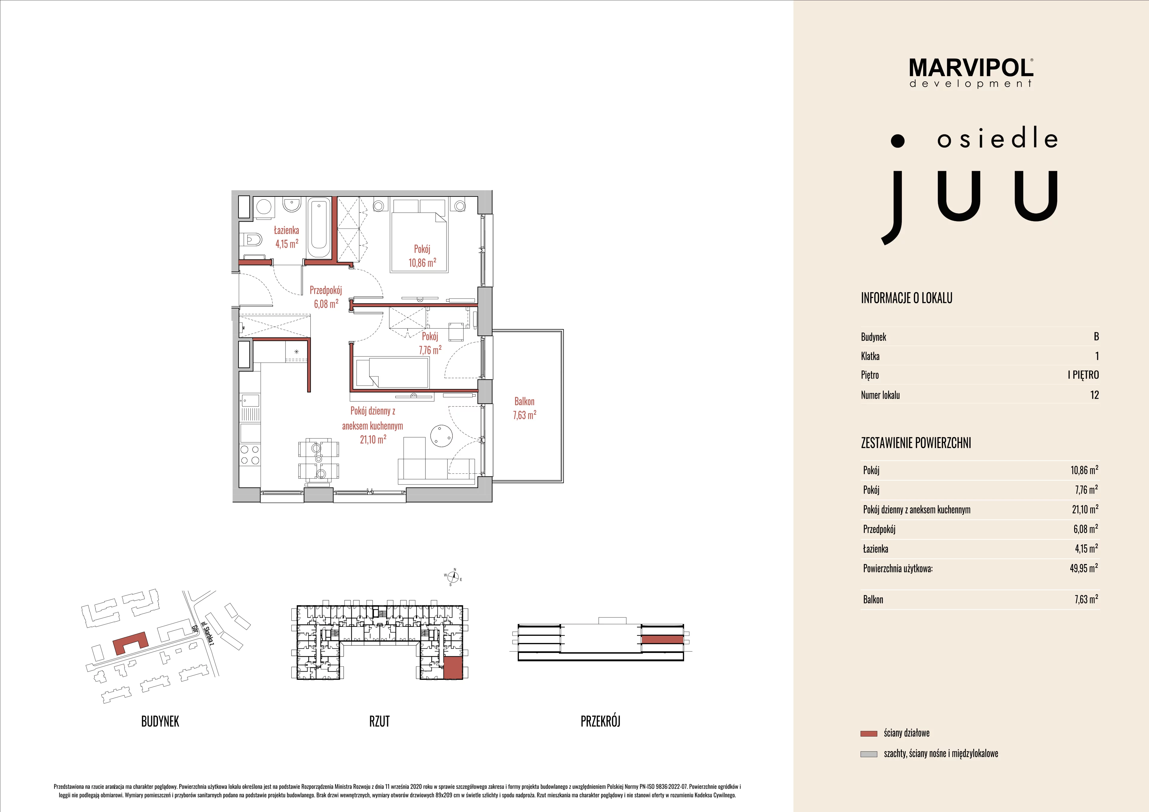 3 pokoje, mieszkanie 49,98 m², piętro 1, oferta nr B/M012, Osiedle Juu, Warszawa, Białołęka, Grodzisk, ul. Skarbka z Gór 47